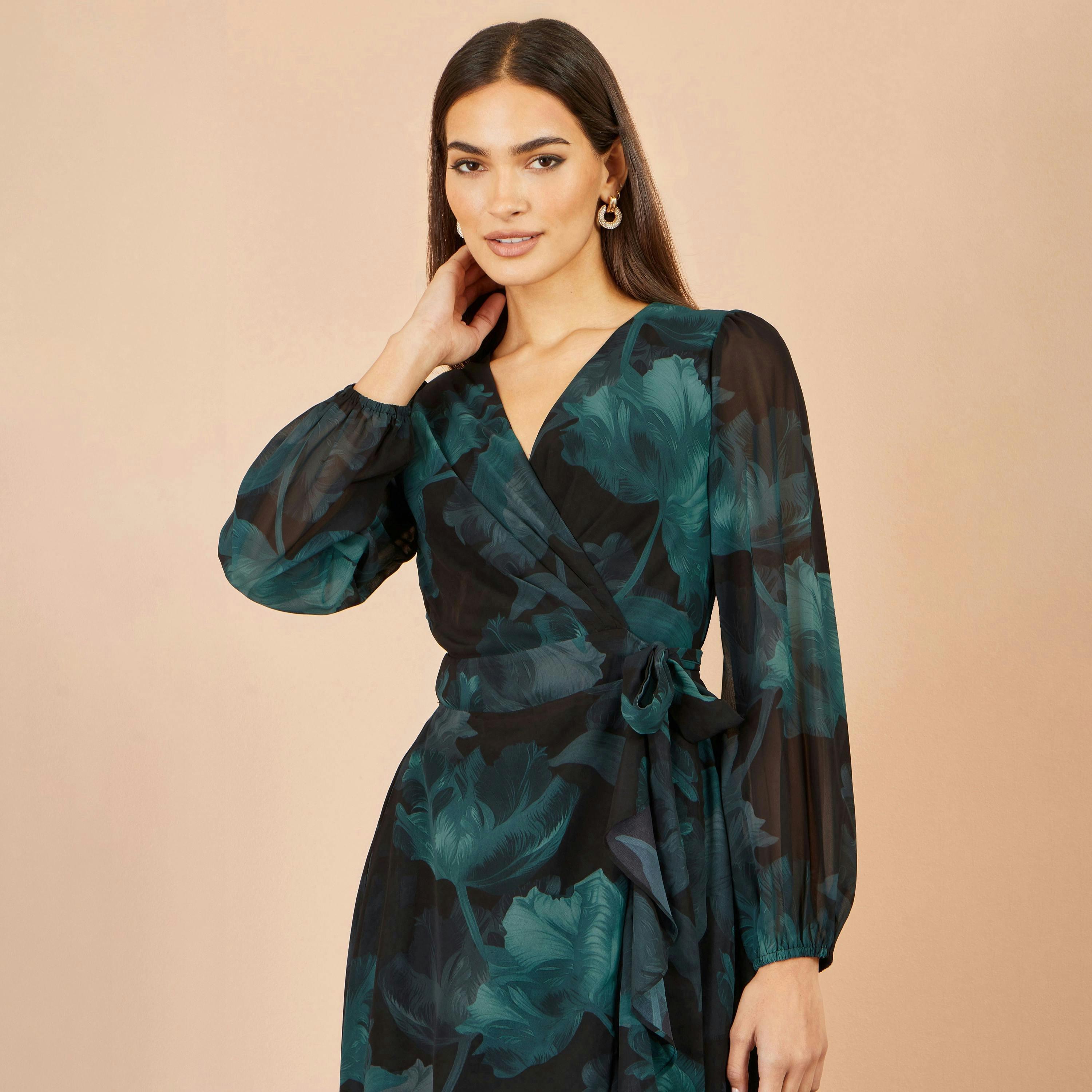 Yumi Black Floral Dipped Hem Wrap Midi Dress , view 5 of 5