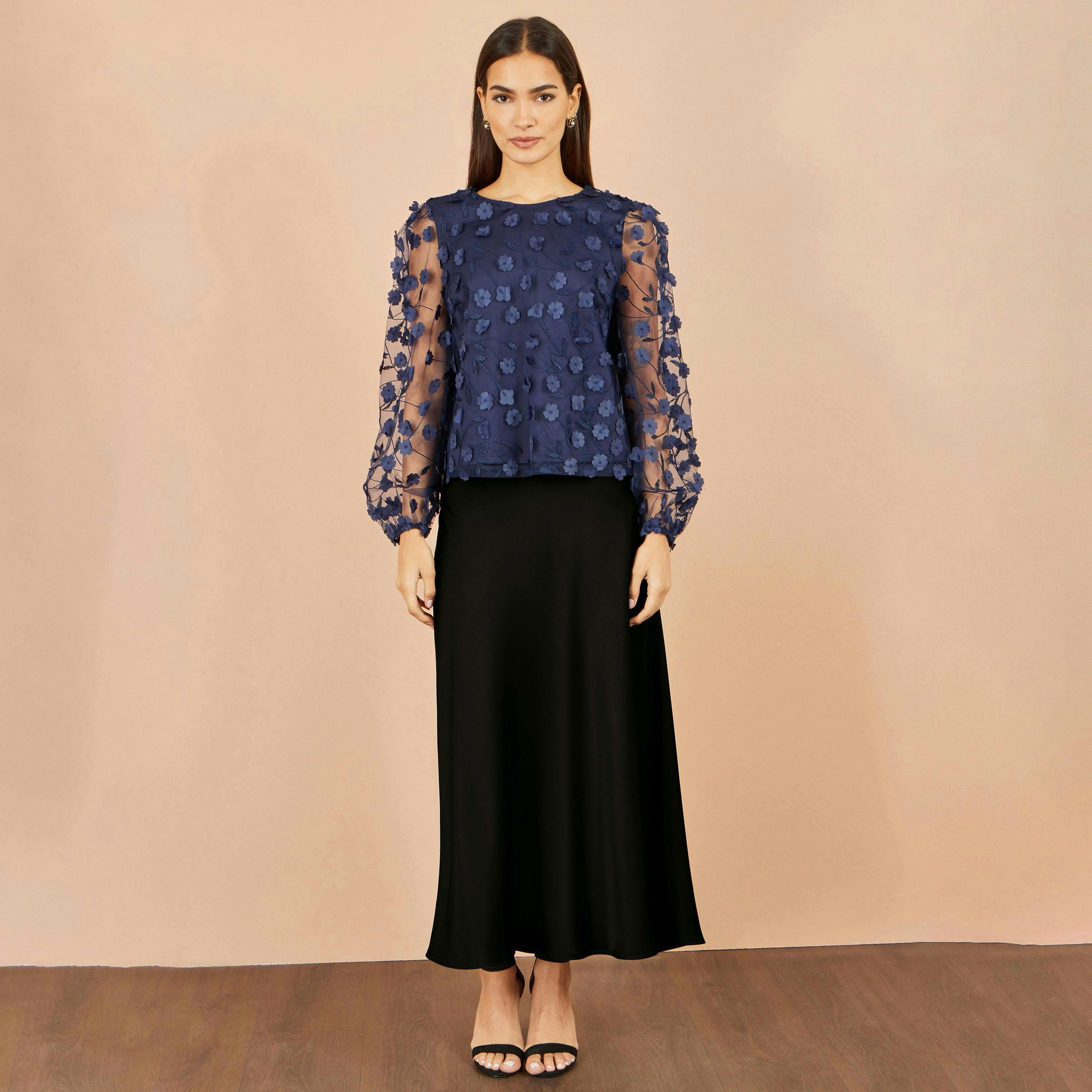 Yumi Navy Sheer Sleeve Applique Flower Top , view 2 of 4