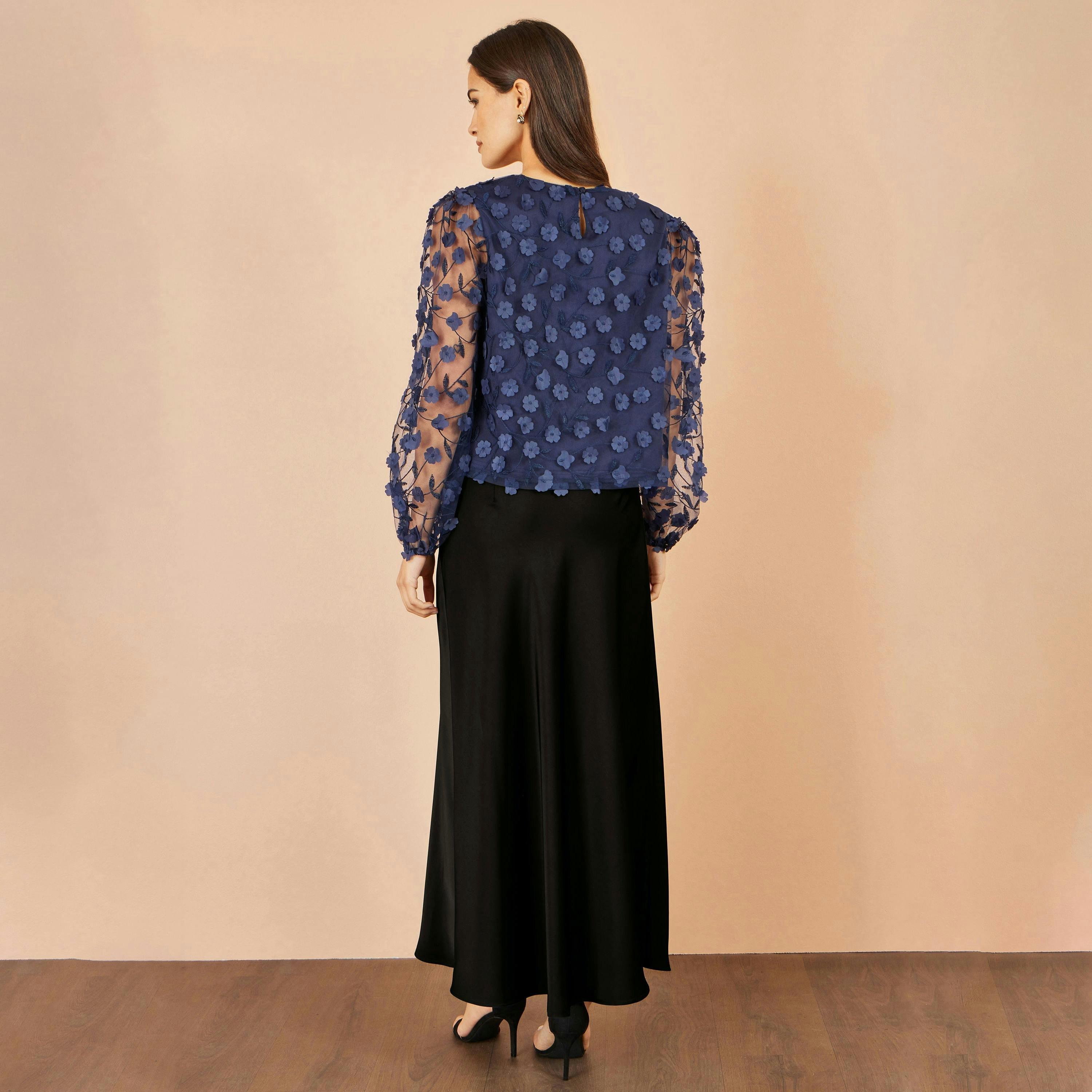 Yumi Navy Sheer Sleeve Applique Flower Top , view 3 of 4