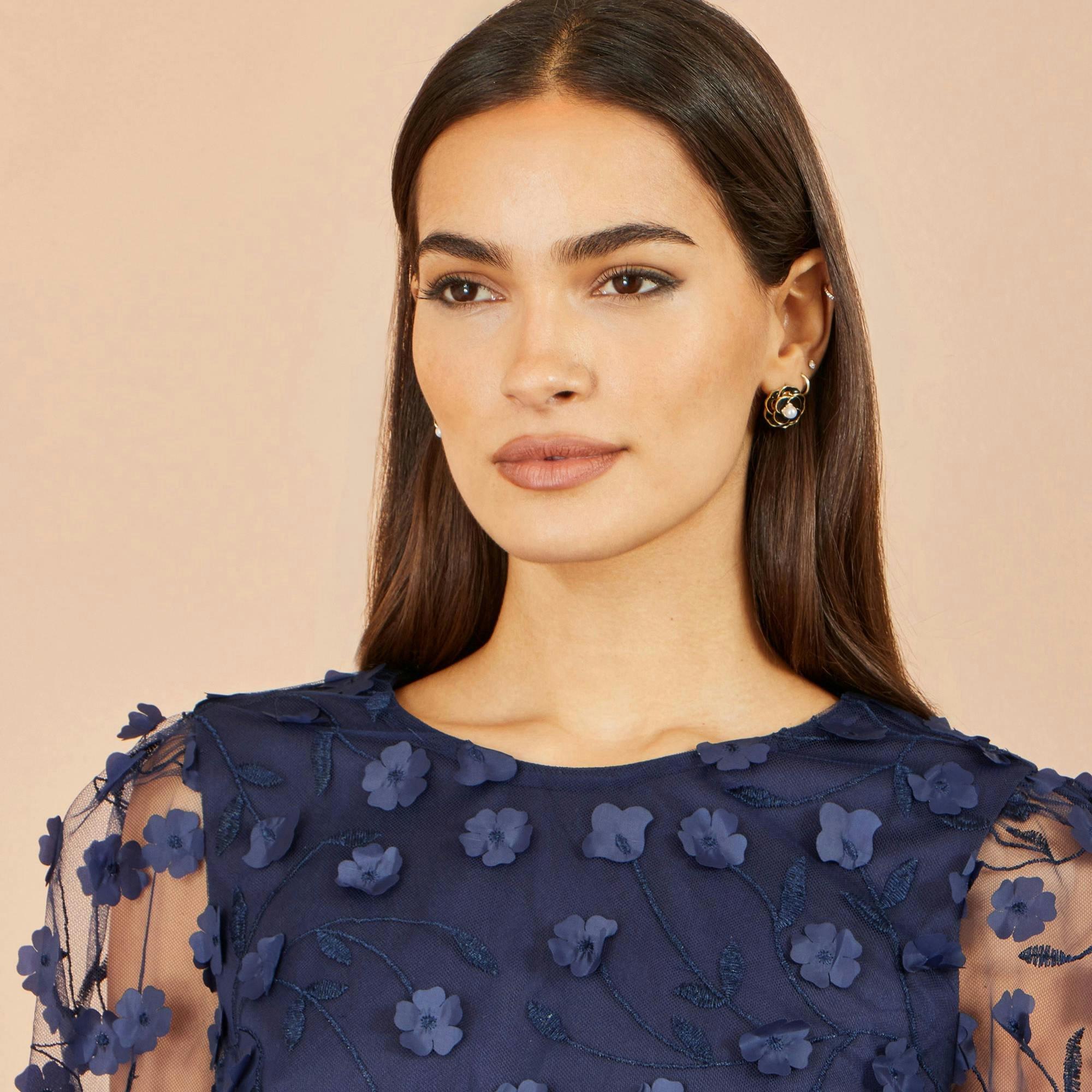 Yumi Navy Sheer Sleeve Applique Flower Top , view 4 of 4