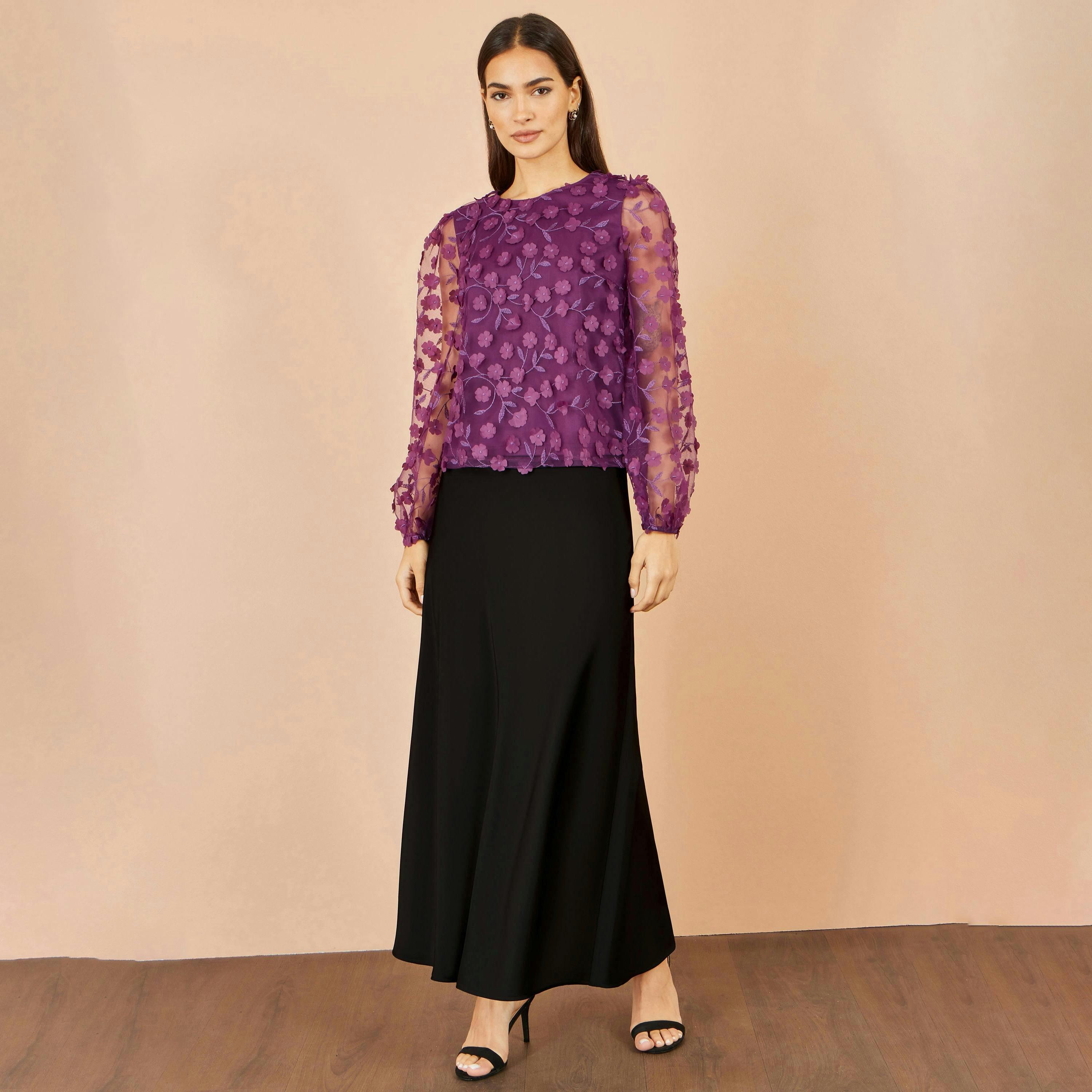 Yumi Plum Sheer Sleeve Applique Flower Top , view 2 of 4