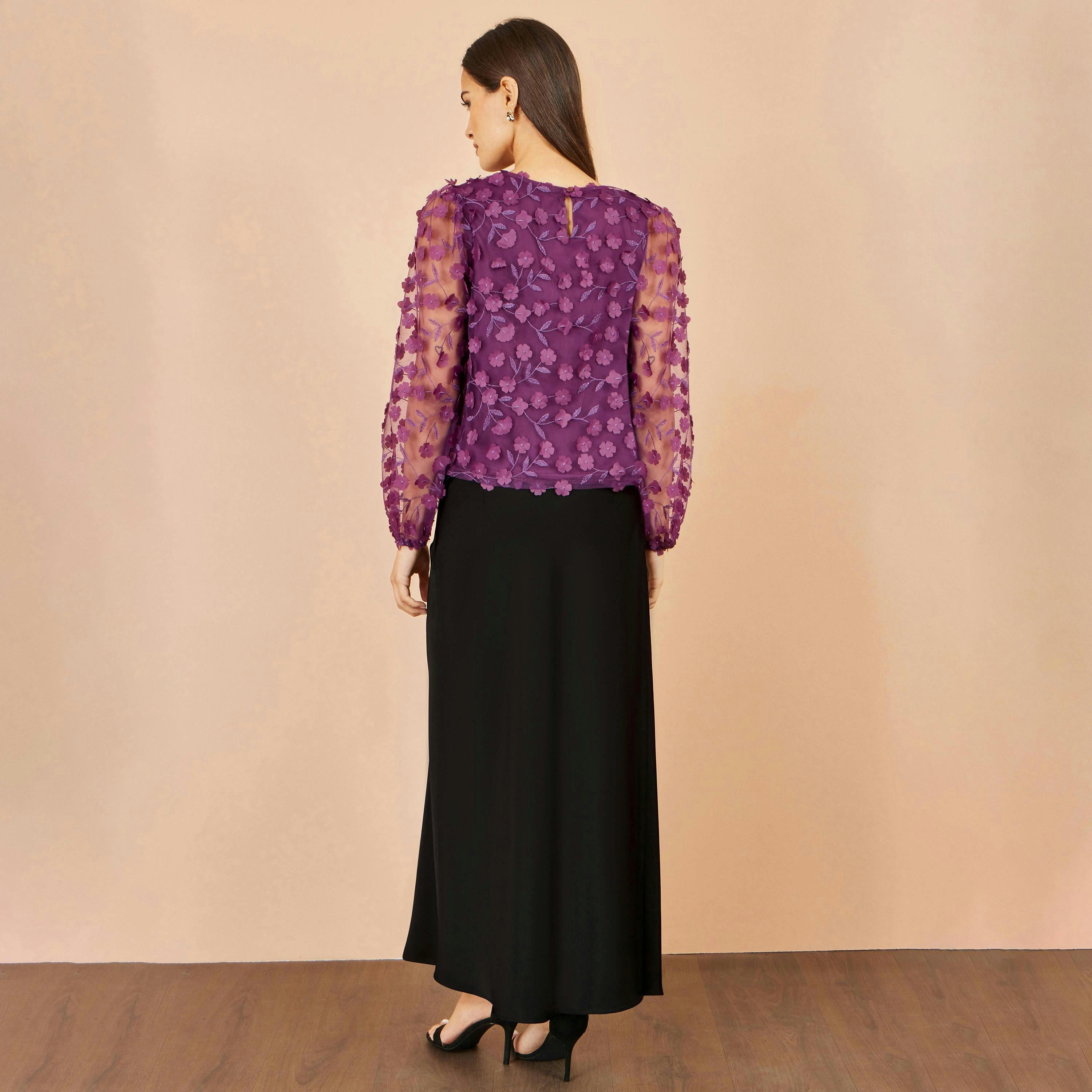 Yumi Plum Sheer Sleeve Applique Flower Top , view 3 of 4