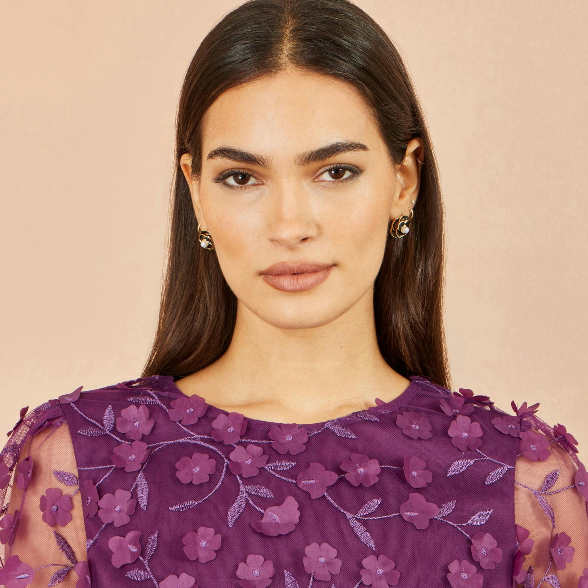 Yumi Plum Sheer Sleeve Applique Flower Top , view 4 of 4