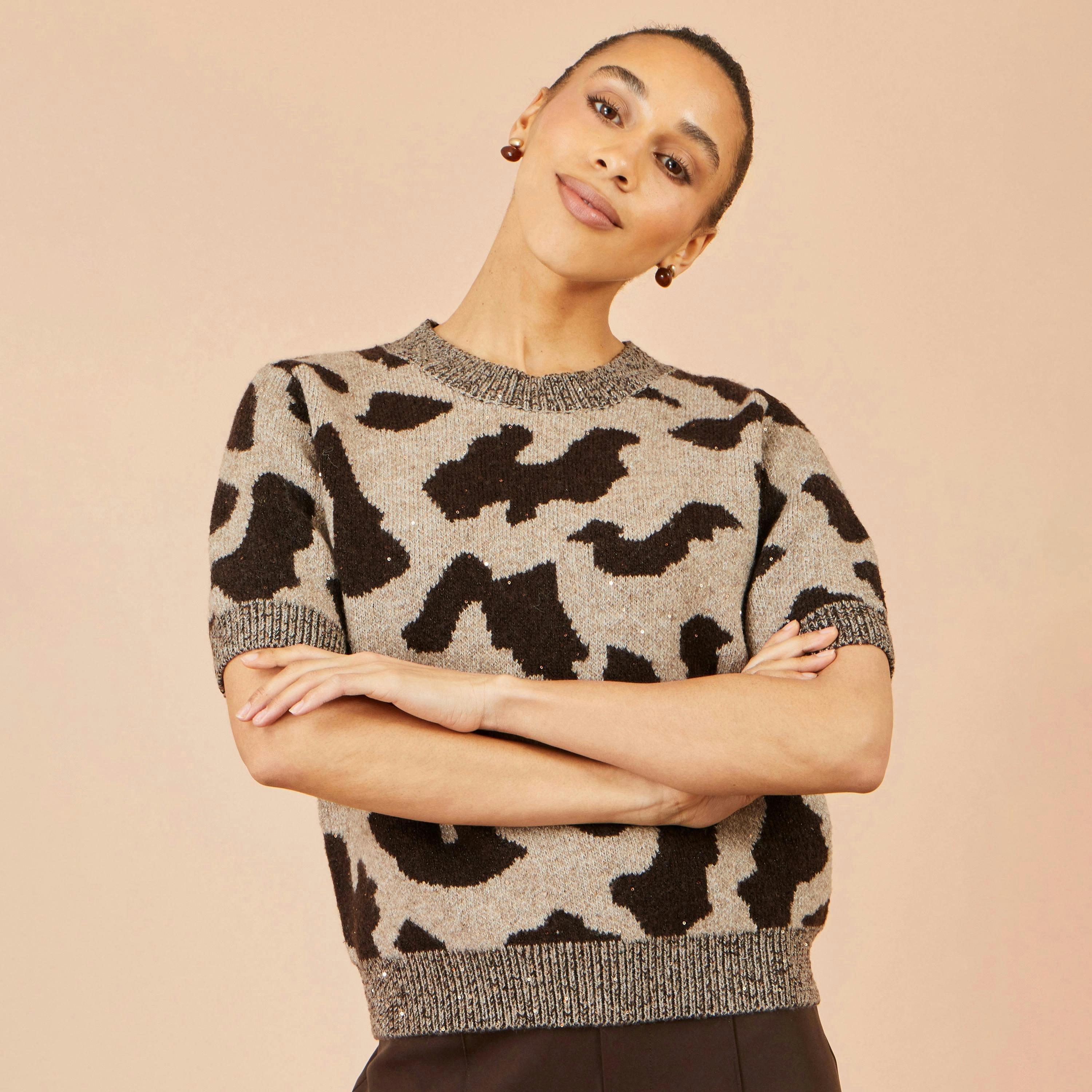 Yumi Brown Leopard Intarsia Short Sleeve Jumper , view 2 of 4