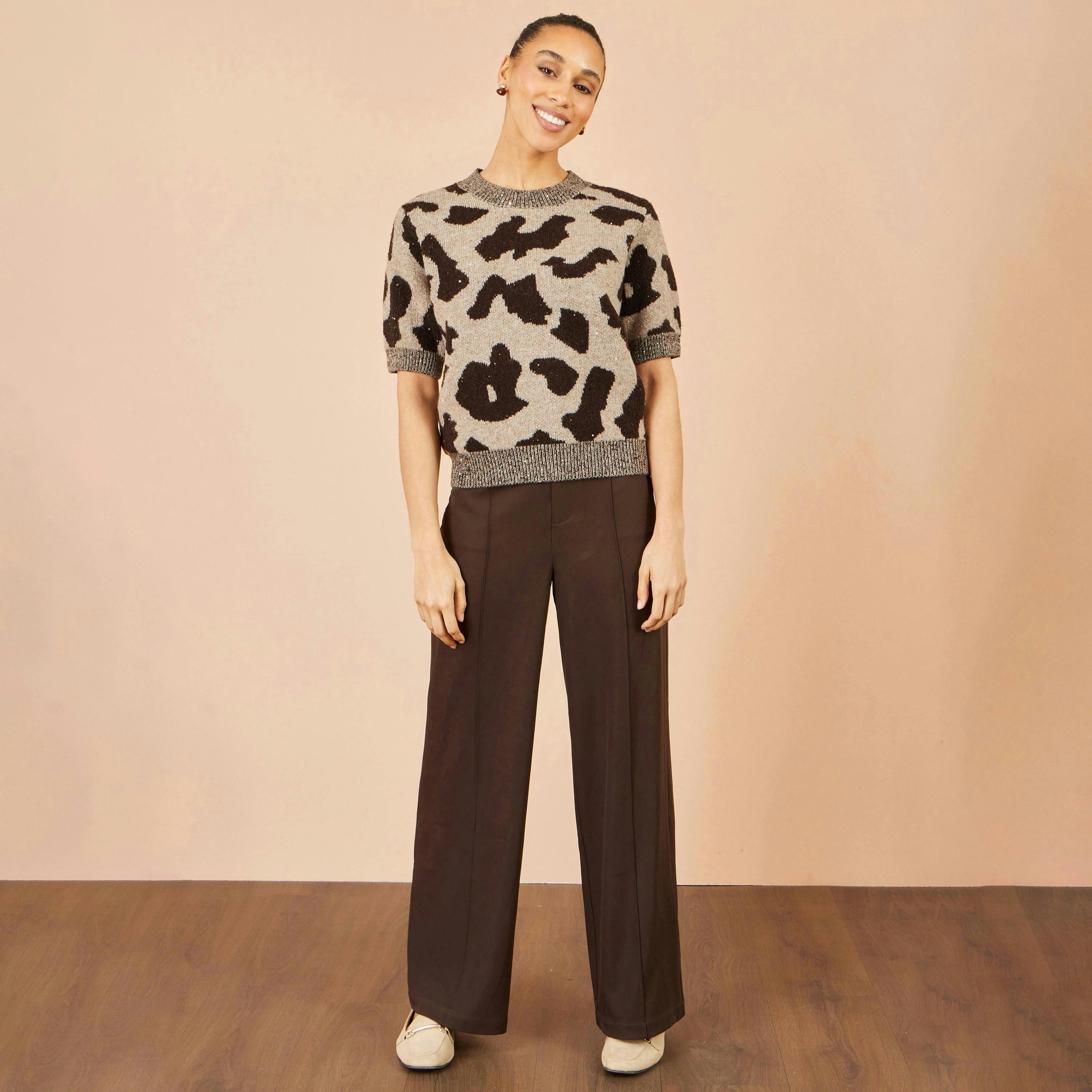 Yumi Brown Leopard Intarsia Short Sleeve Jumper , view 3 of 4