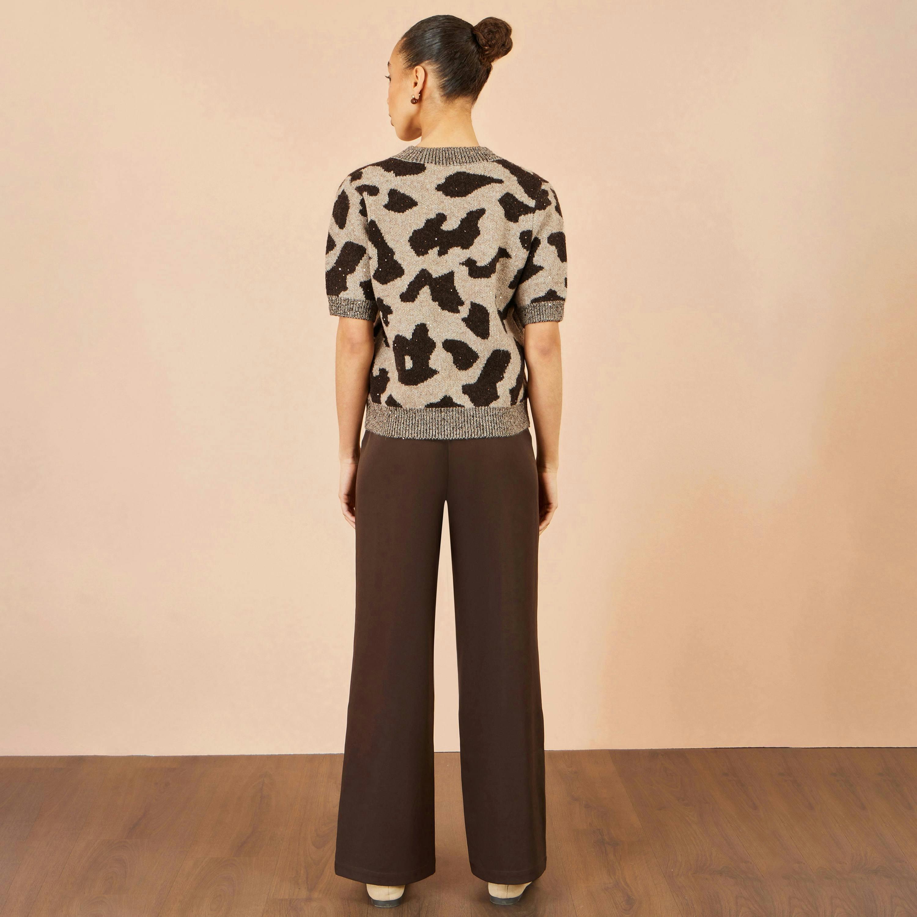 Yumi Brown Leopard Intarsia Short Sleeve Jumper , view 4 of 4