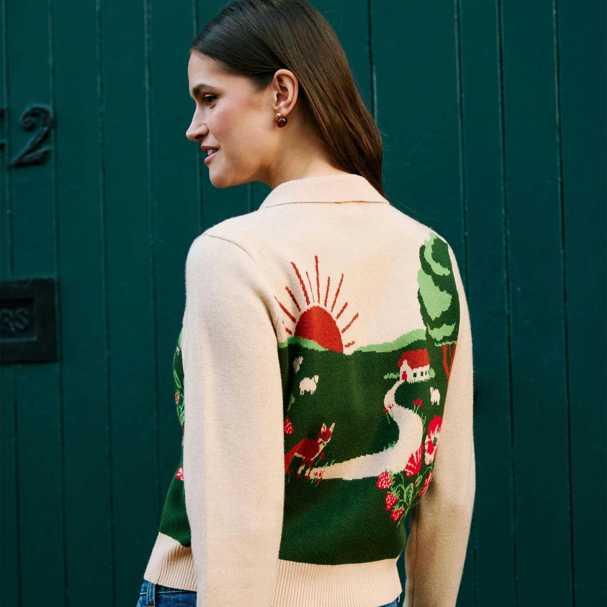 Yumi Beige Fox Scene Viscose Knitted Box Jacket , view 5 of 6