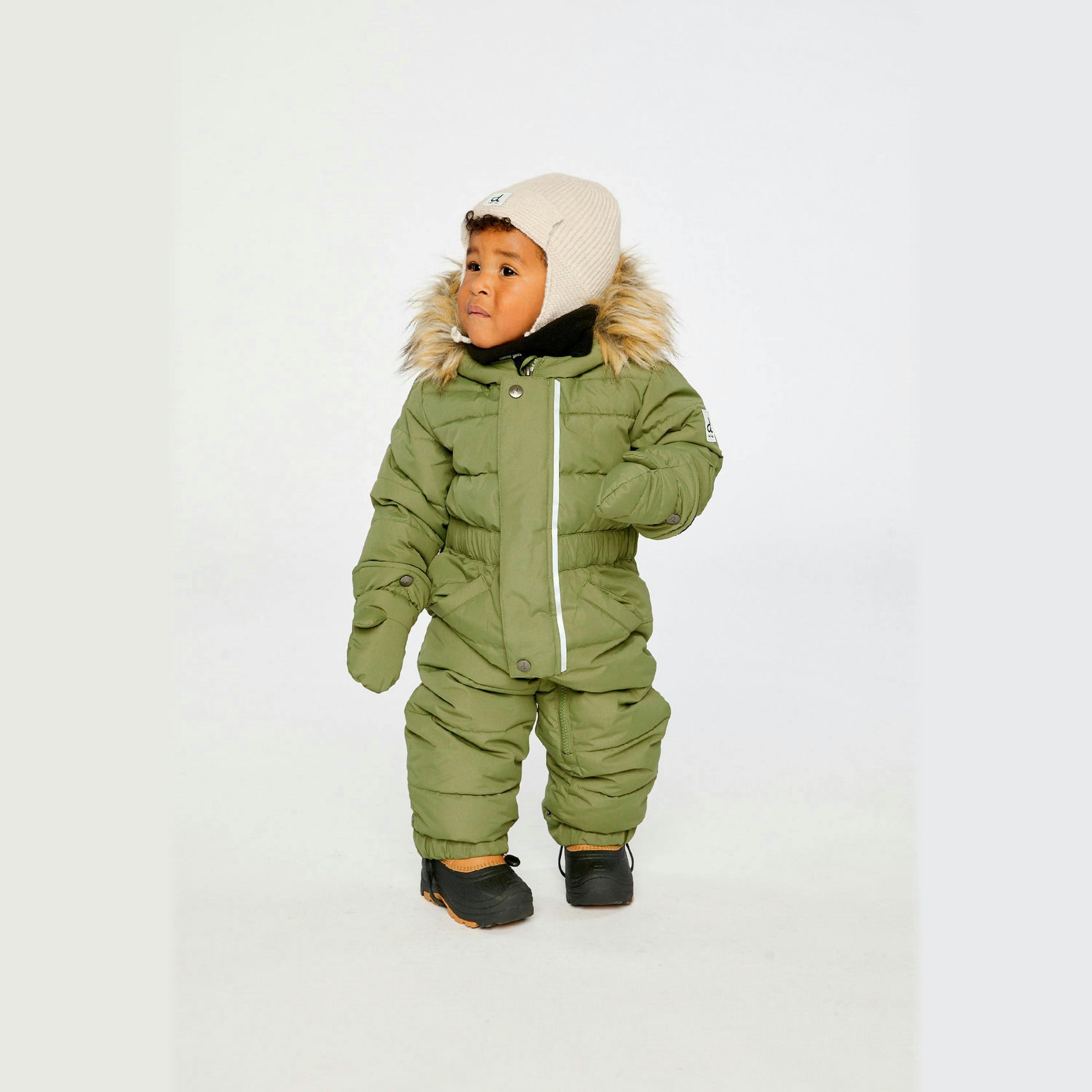 Baby Original One Piece Puffy Snowsuit With Removable Mittens And Boots Olive Green , view 2 of 6