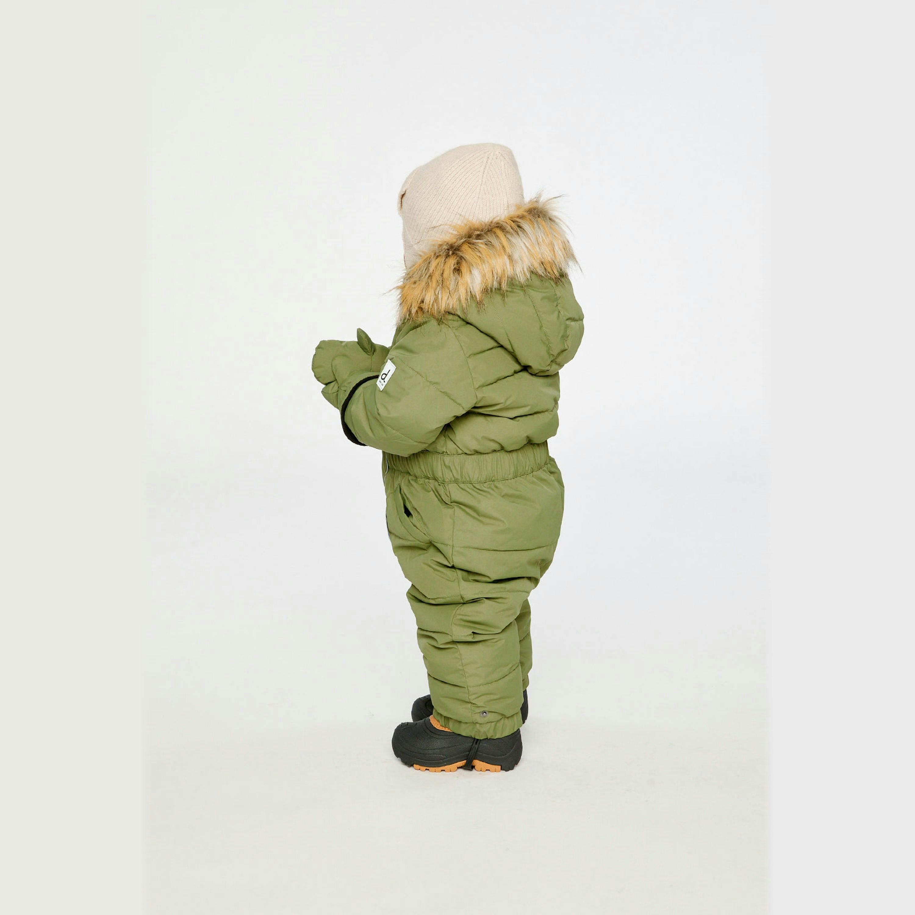 Baby Original One Piece Puffy Snowsuit With Removable Mittens And Boots Olive Green , view 3 of 6