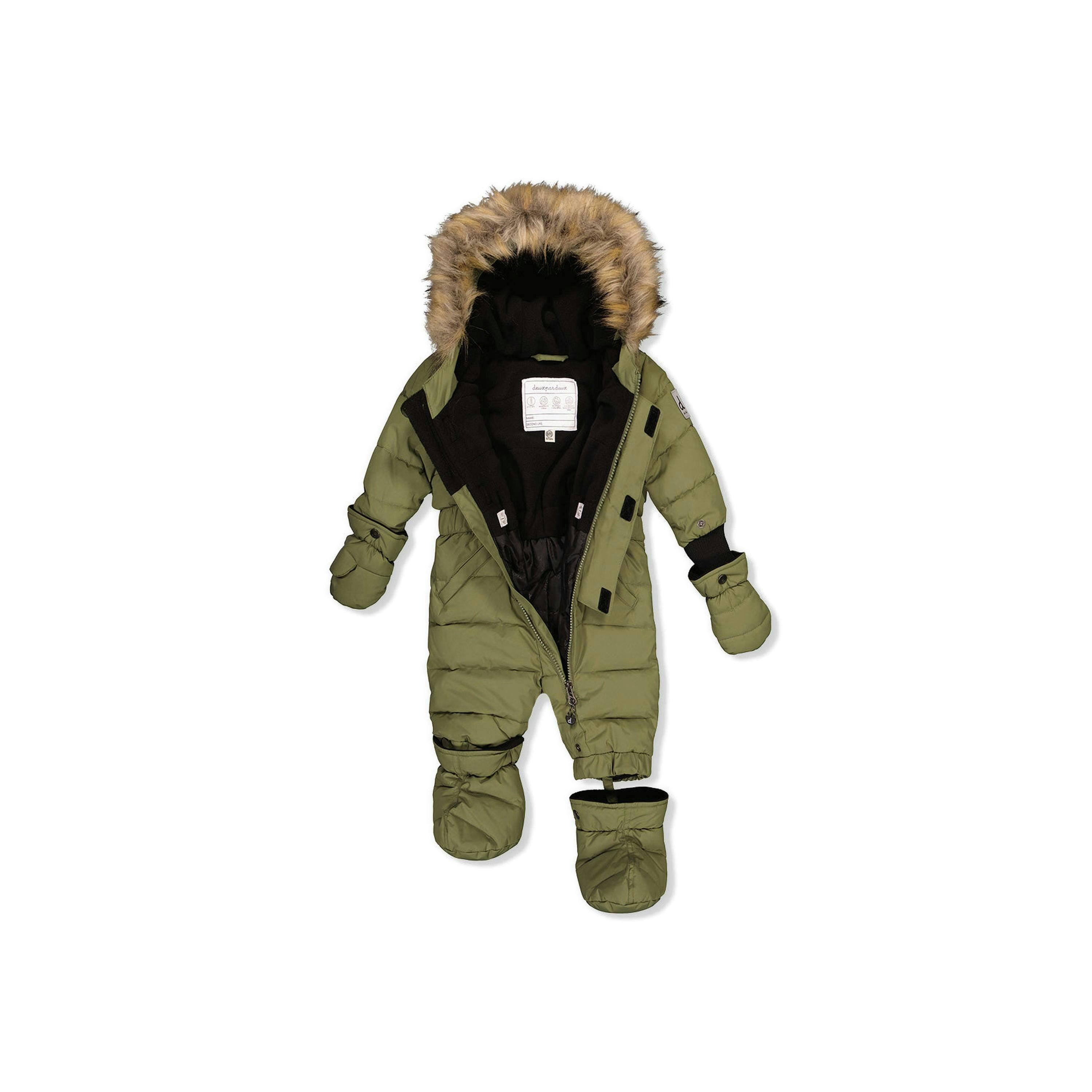 Baby Original One Piece Puffy Snowsuit With Removable Mittens And Boots Olive Green , view 5 of 6