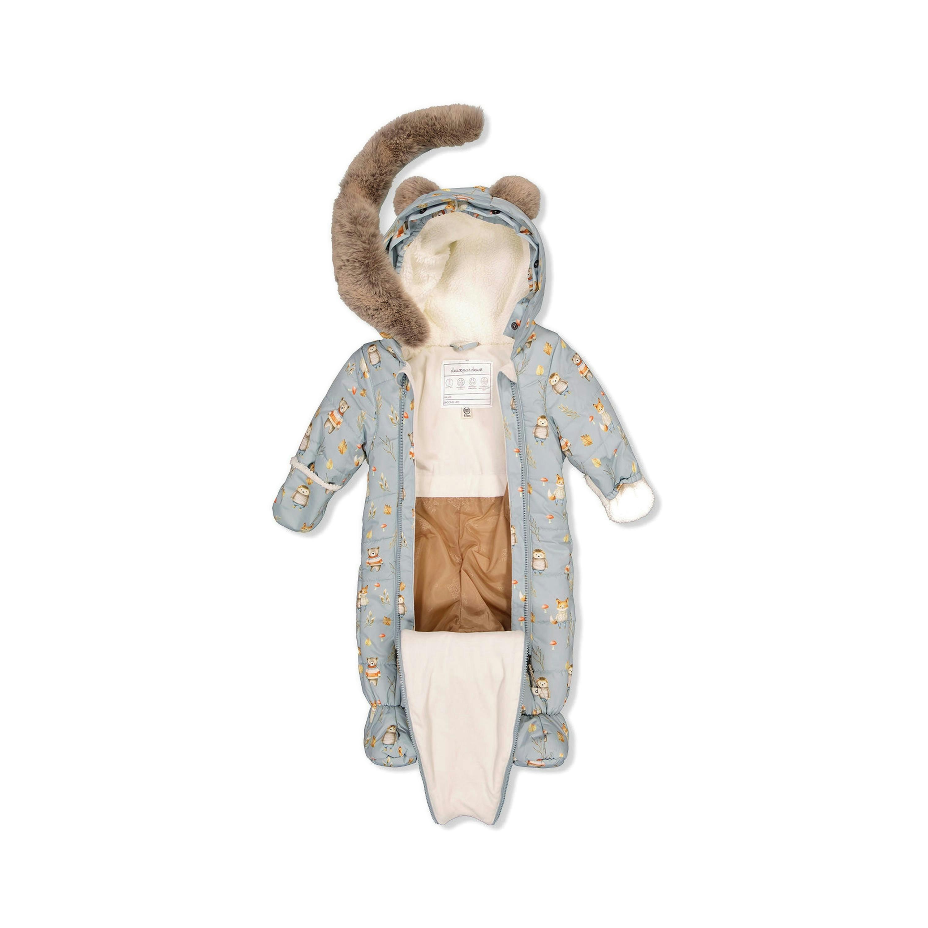 Baby One Piece Snowsuit Adapted For Car Seats Blue Animal Print , view 2 of 6