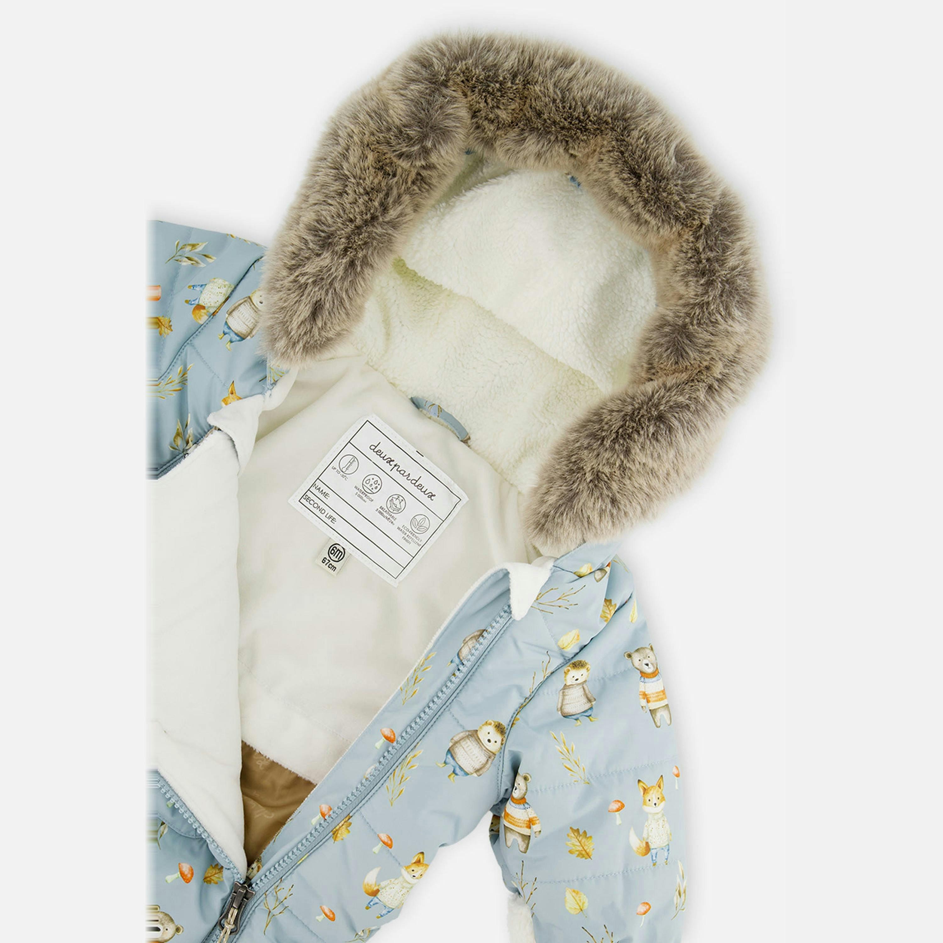 Baby One Piece Snowsuit Adapted For Car Seats Blue Animal Print , view 3 of 6