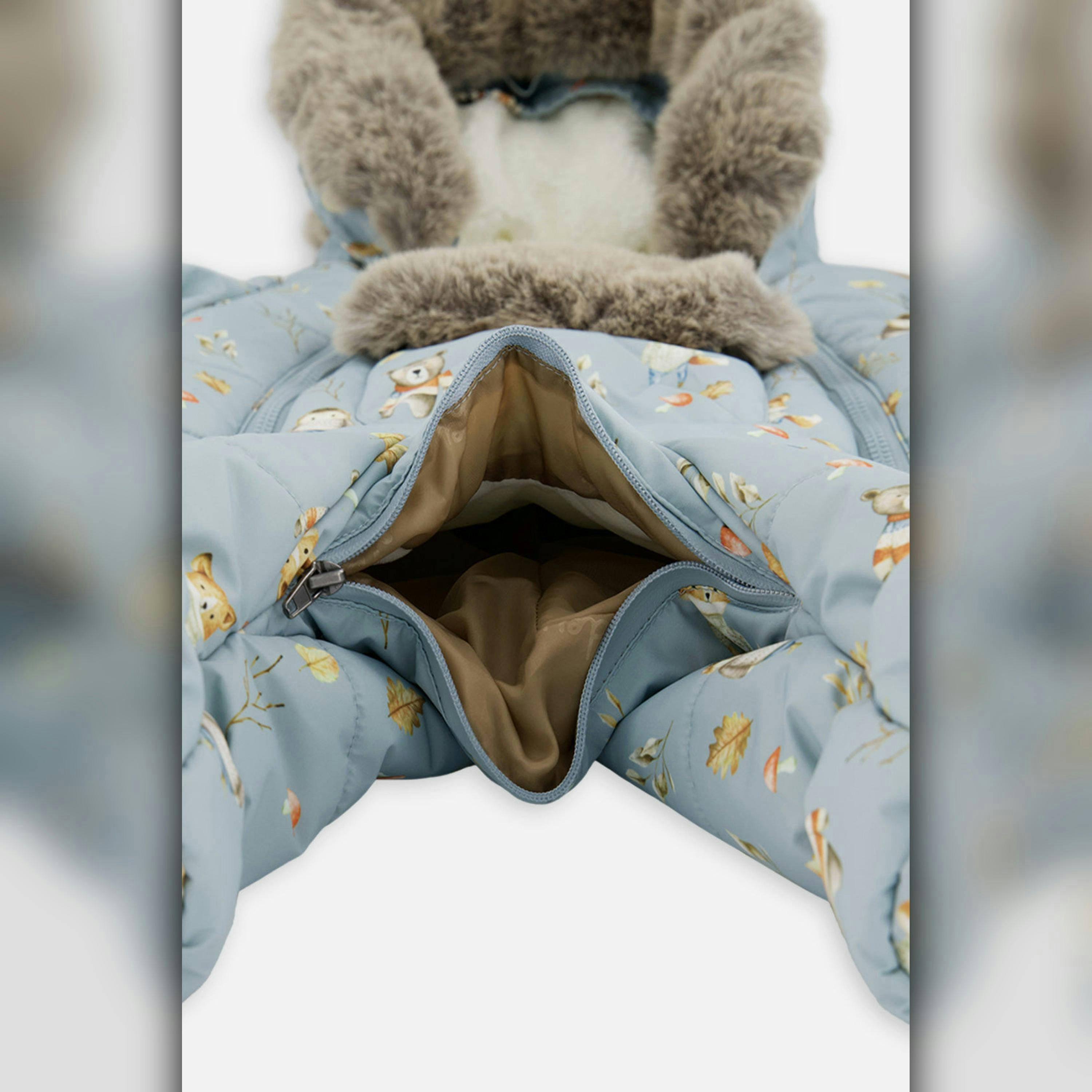Baby One Piece Snowsuit Adapted For Car Seats Blue Animal Print , view 4 of 6