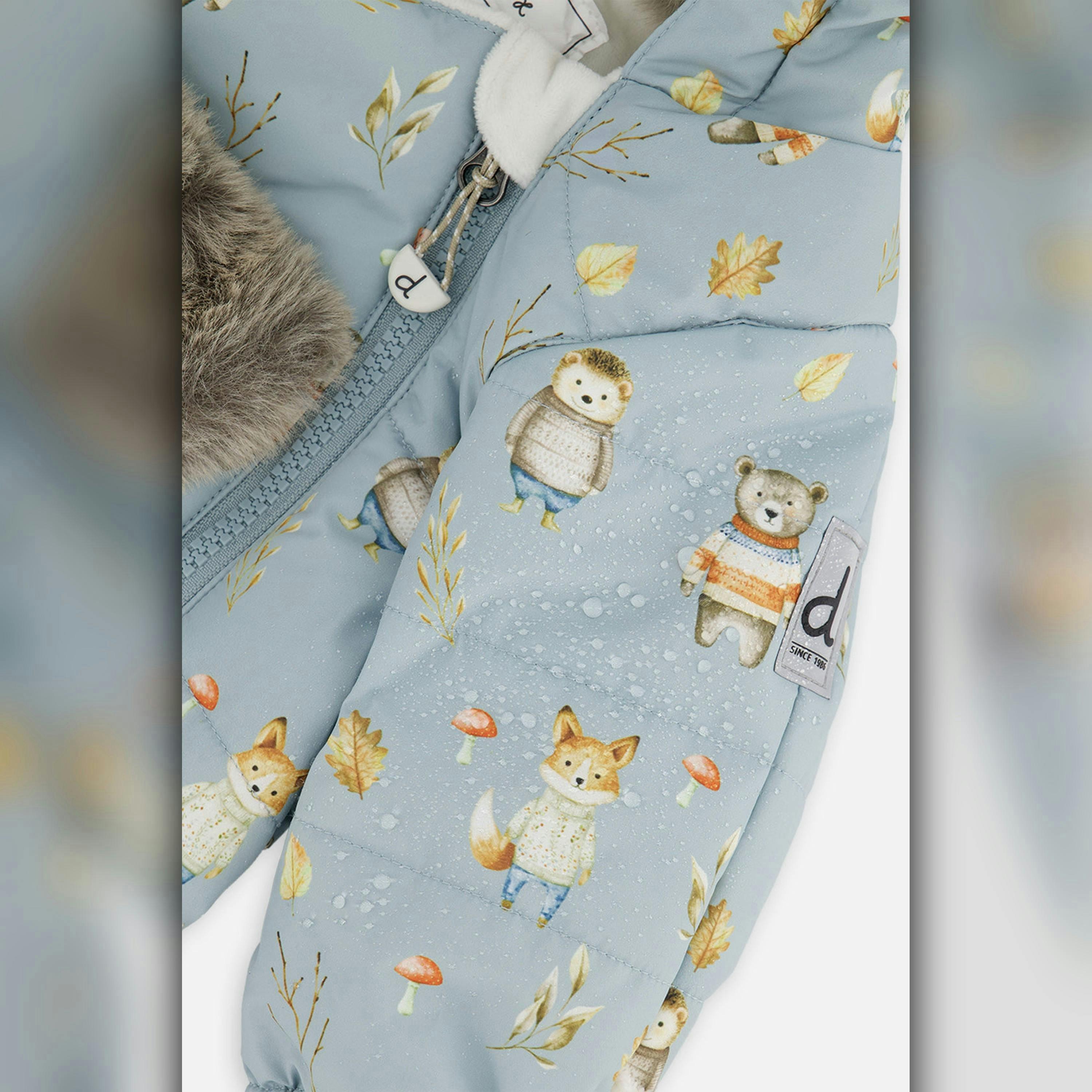 Baby One Piece Snowsuit Adapted For Car Seats Blue Animal Print , view 6 of 6