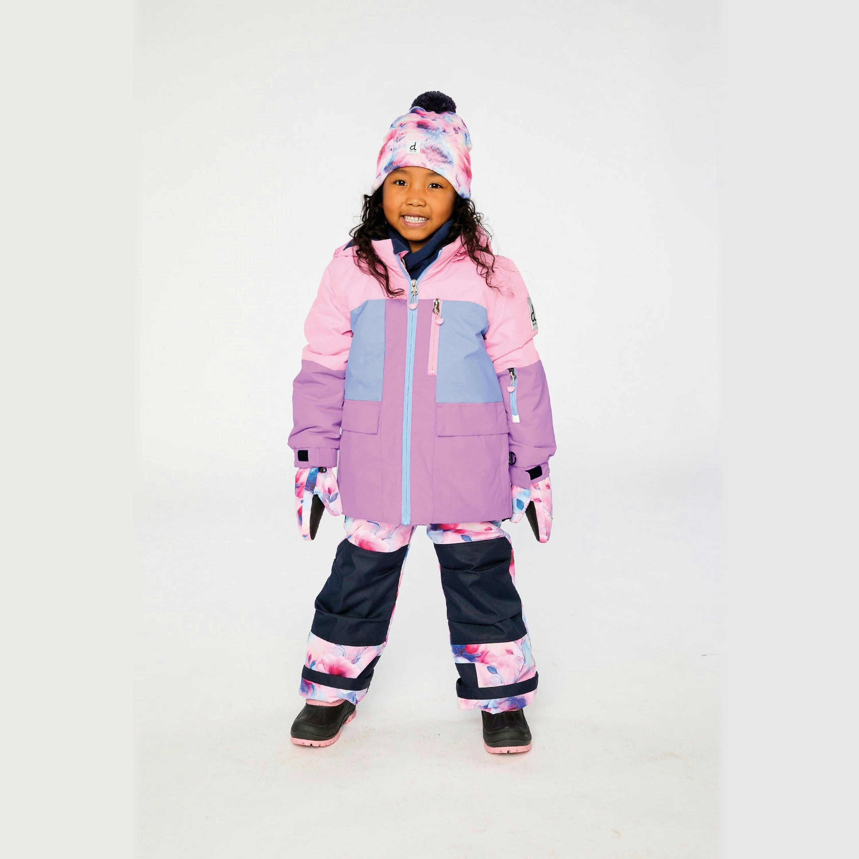 Two Piece Play Snowsuit Pink And Purple Colorblock With Watercolor Floral Print Pants , view 2 of 6
