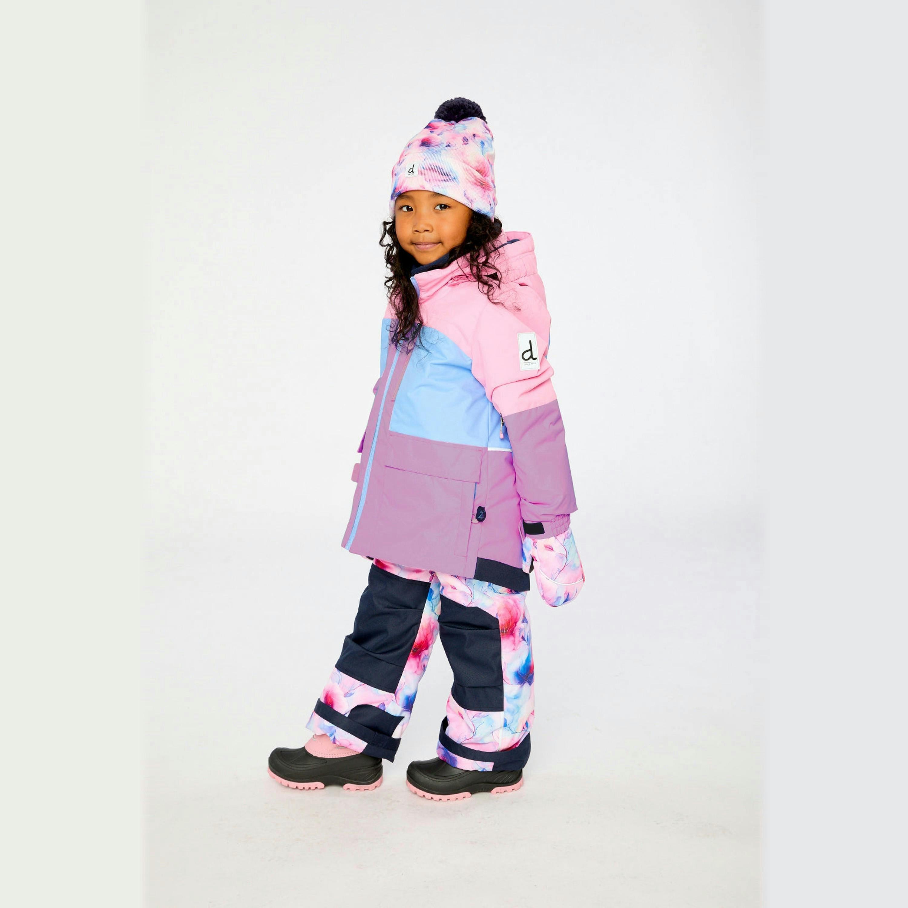 Two Piece Play Snowsuit Pink And Purple Colorblock With Watercolor Floral Print Pants , view 3 of 6