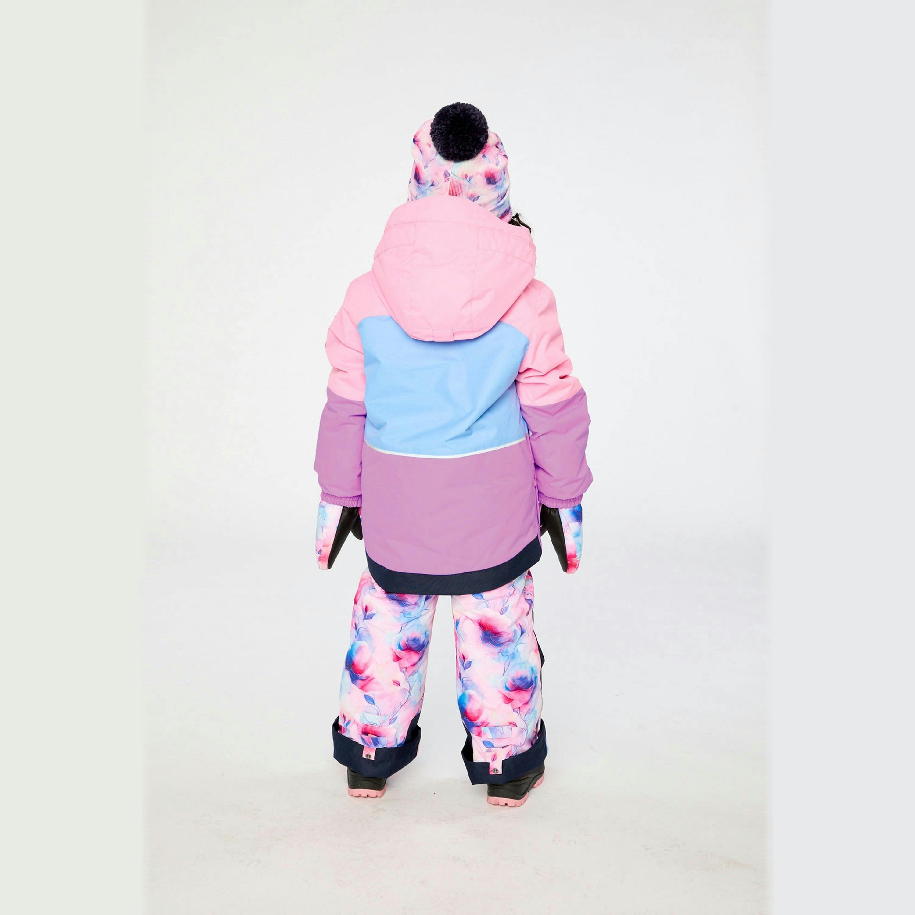 Two Piece Play Snowsuit Pink And Purple Colorblock With Watercolor Floral Print Pants , view 4 of 6
