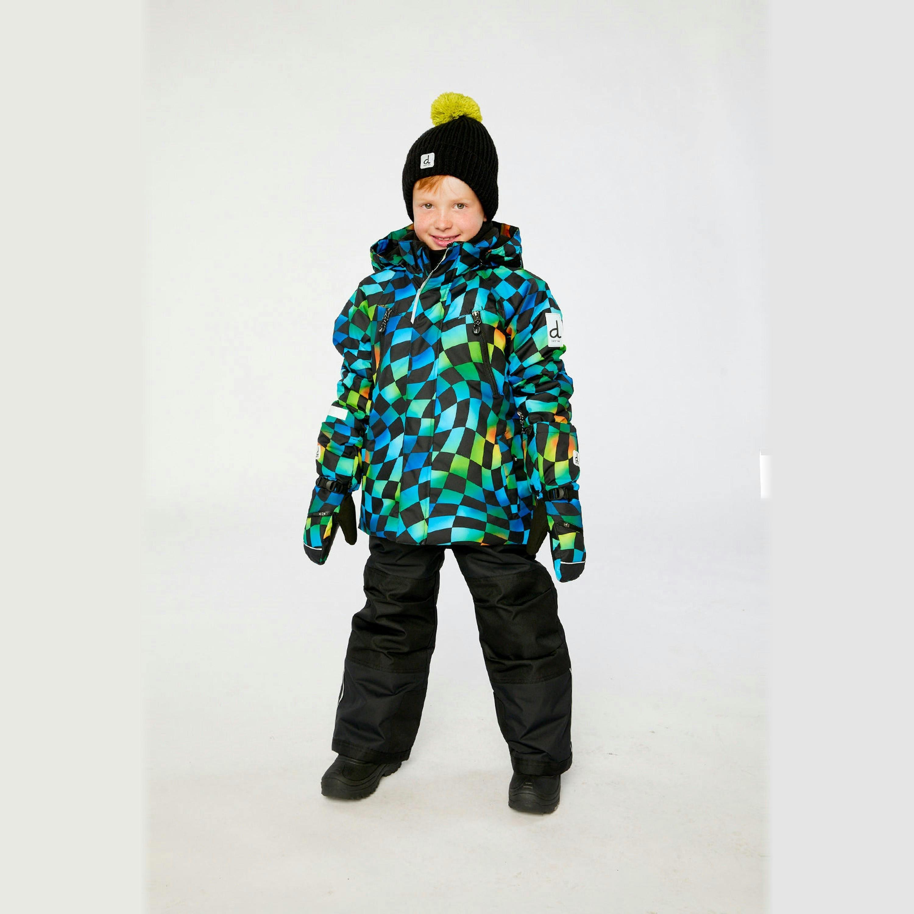 Two Piece Play Snowsuit Green Yellow And Blue Checkerboard With Black Pants , view 2 of 6