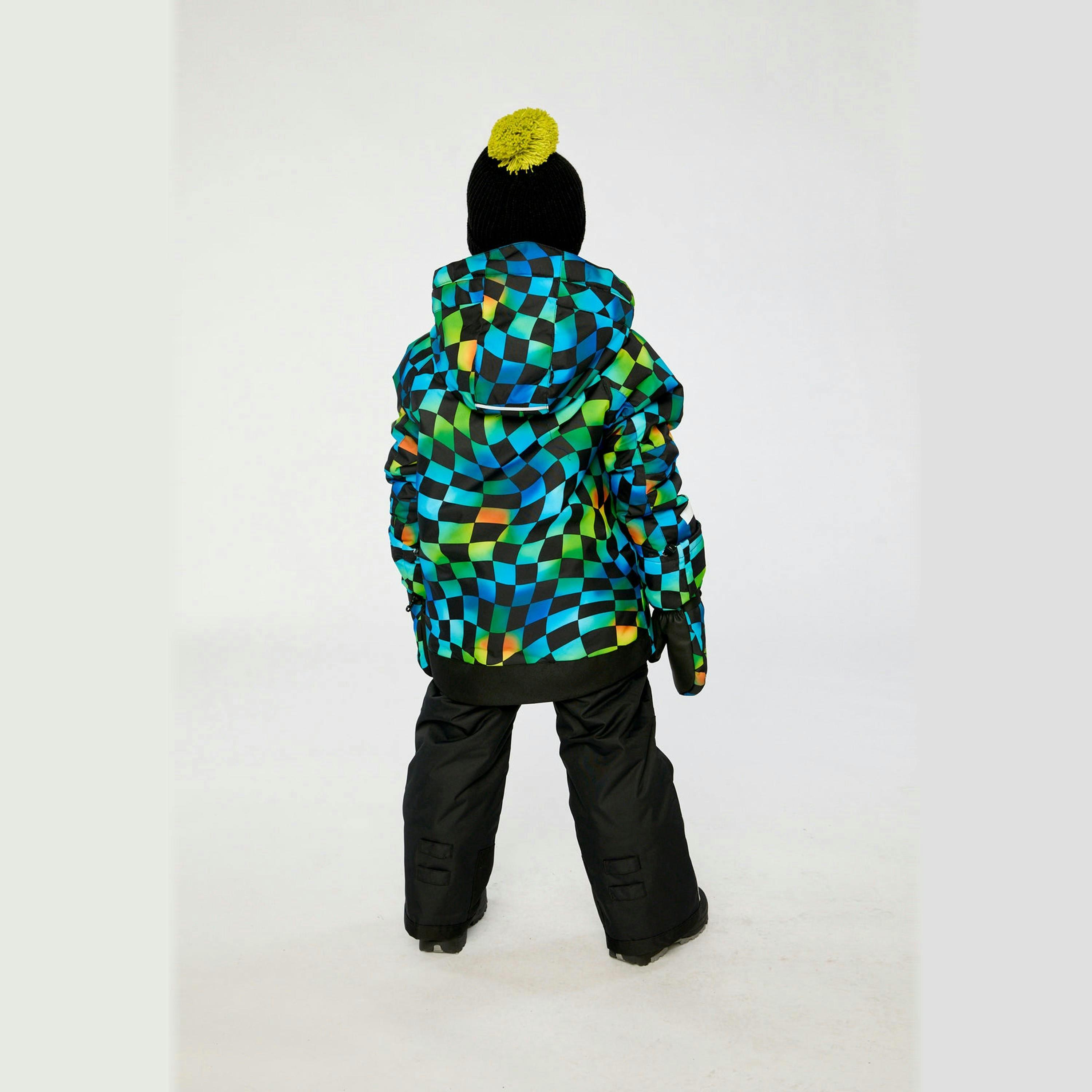 Two Piece Play Snowsuit Green Yellow And Blue Checkerboard With Black Pants , view 3 of 6