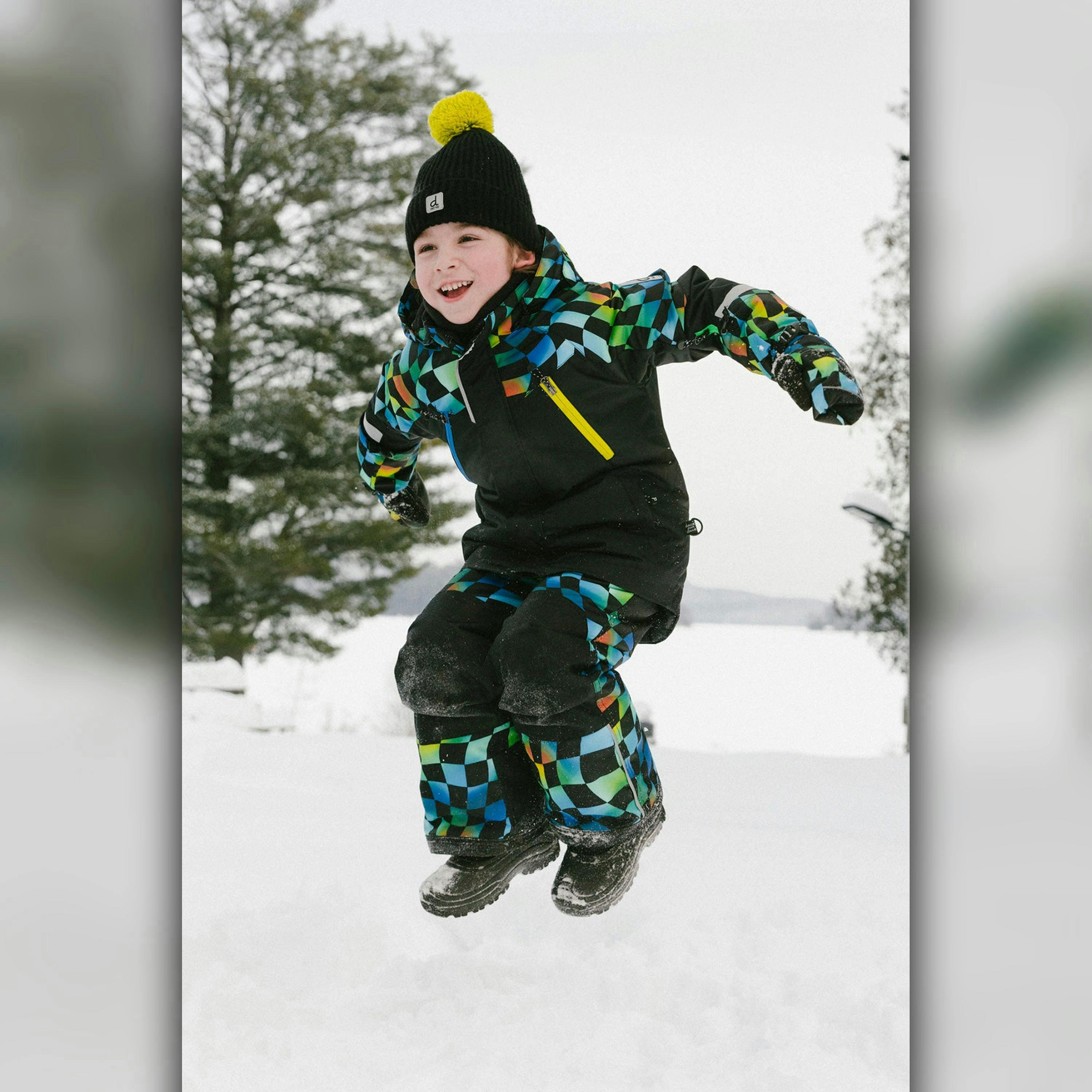Two Piece Play Snowsuit Black Colorblock With Green Yellow And Blue Checkerboard Pants , view 2 of 6
