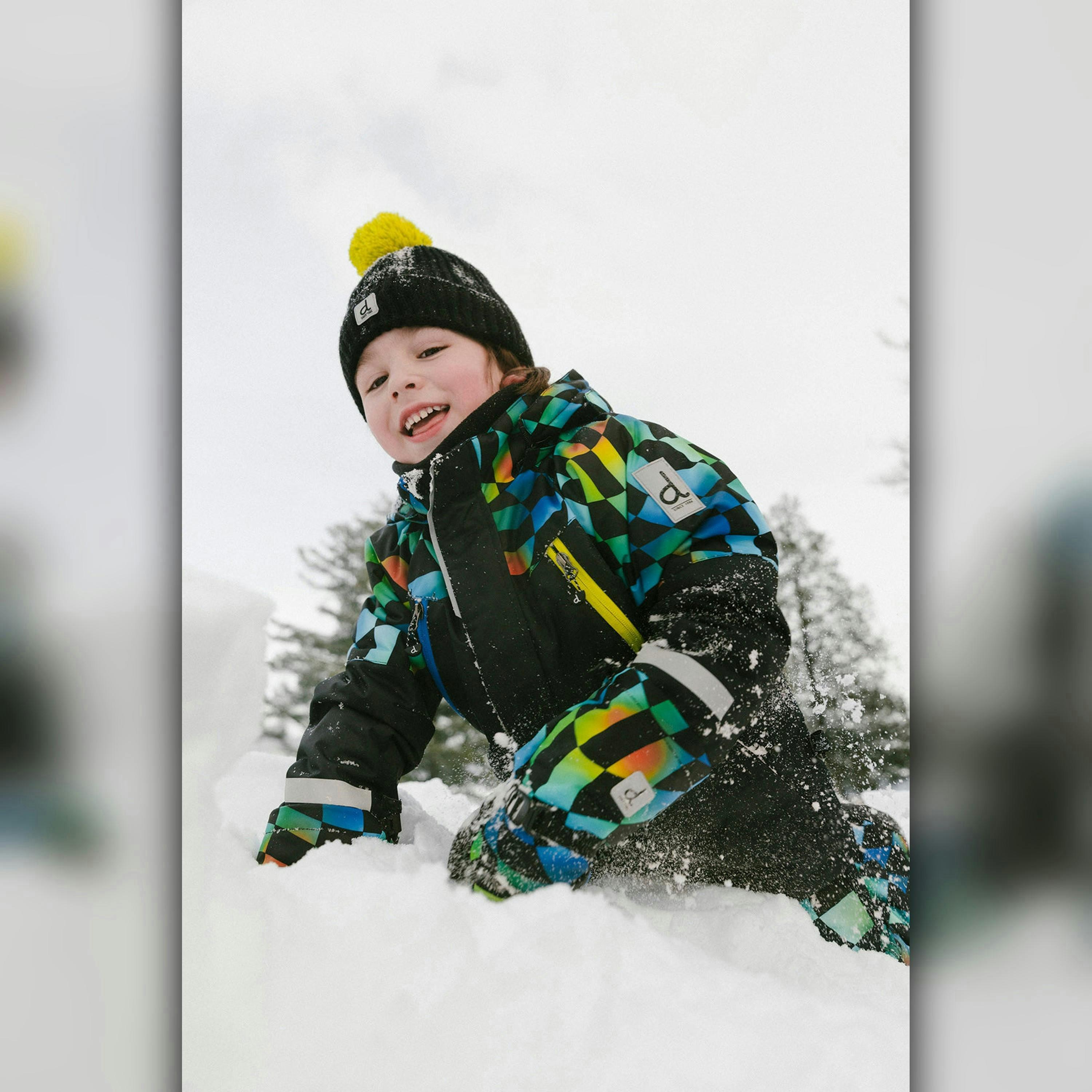 Two Piece Play Snowsuit Black Colorblock With Green Yellow And Blue Checkerboard Pants , view 3 of 6