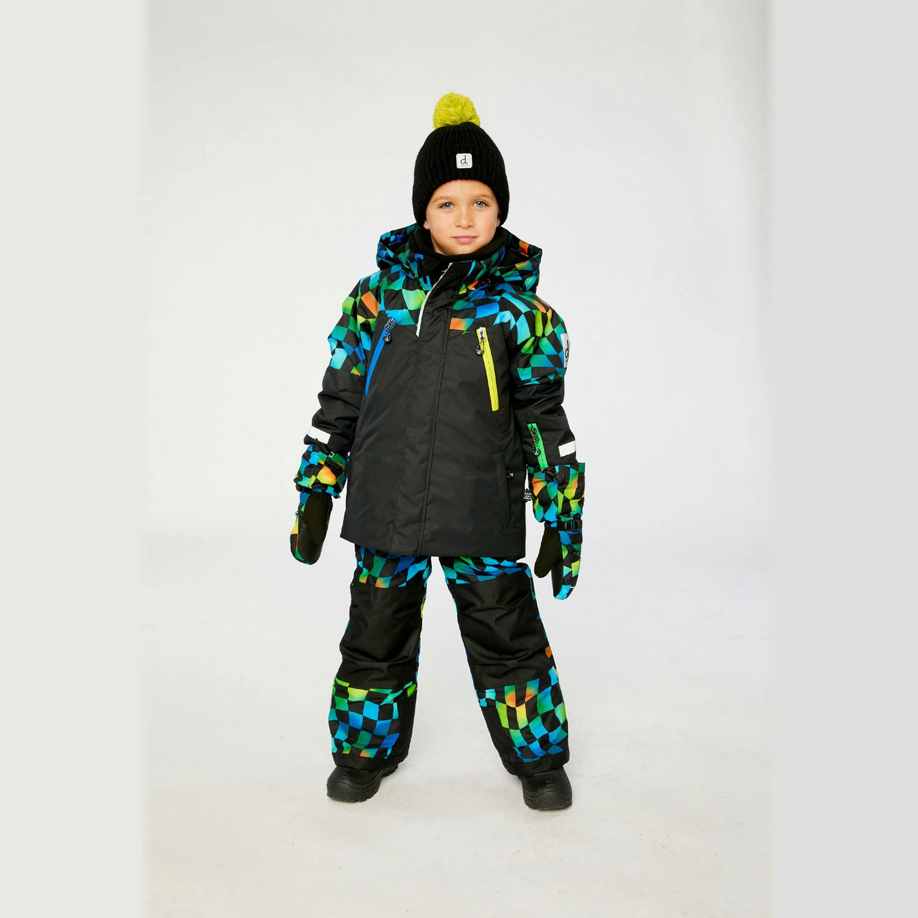 Two Piece Play Snowsuit Black Colorblock With Green Yellow And Blue Checkerboard Pants , view 4 of 6