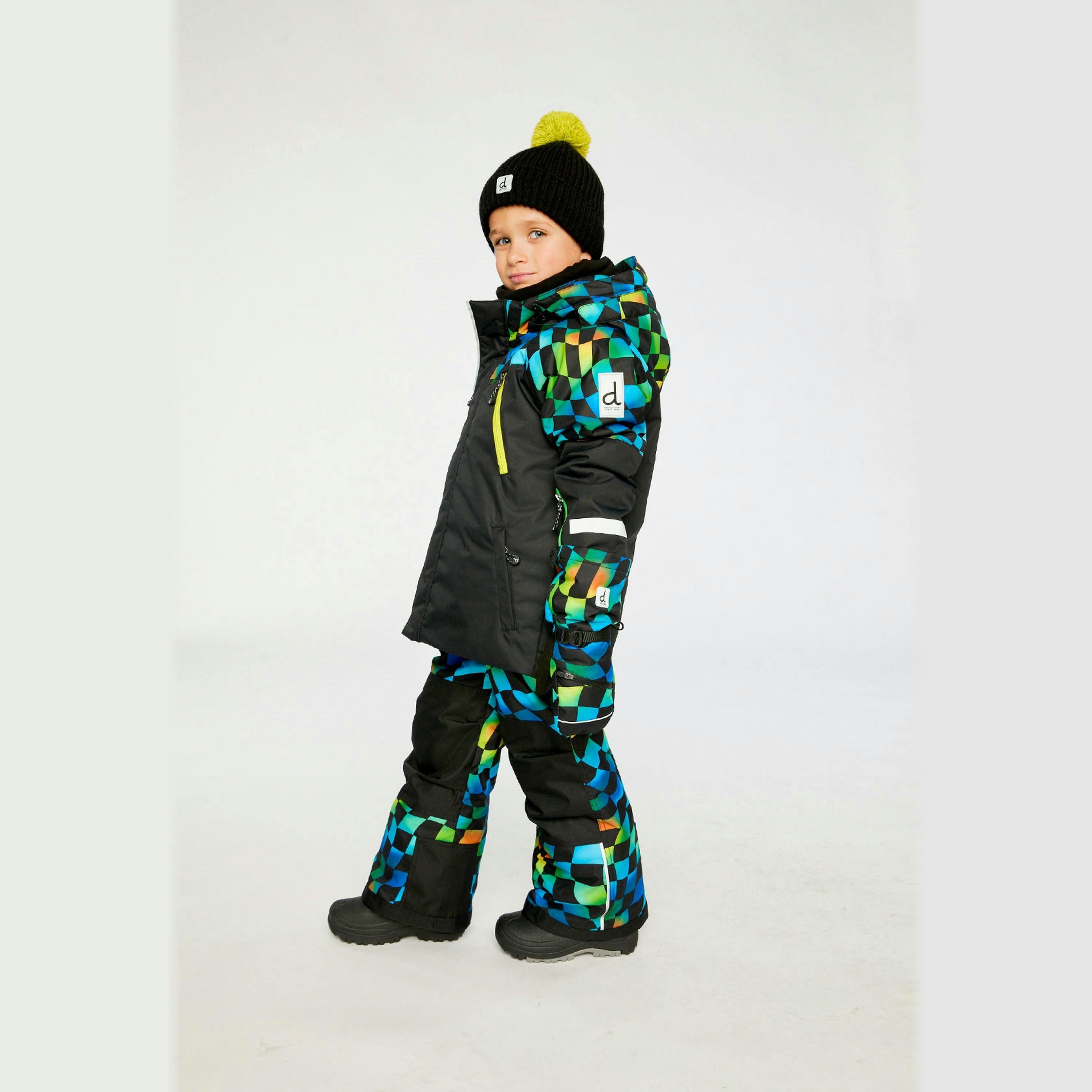 Two Piece Play Snowsuit Black Colorblock With Green Yellow And Blue Checkerboard Pants , view 5 of 6