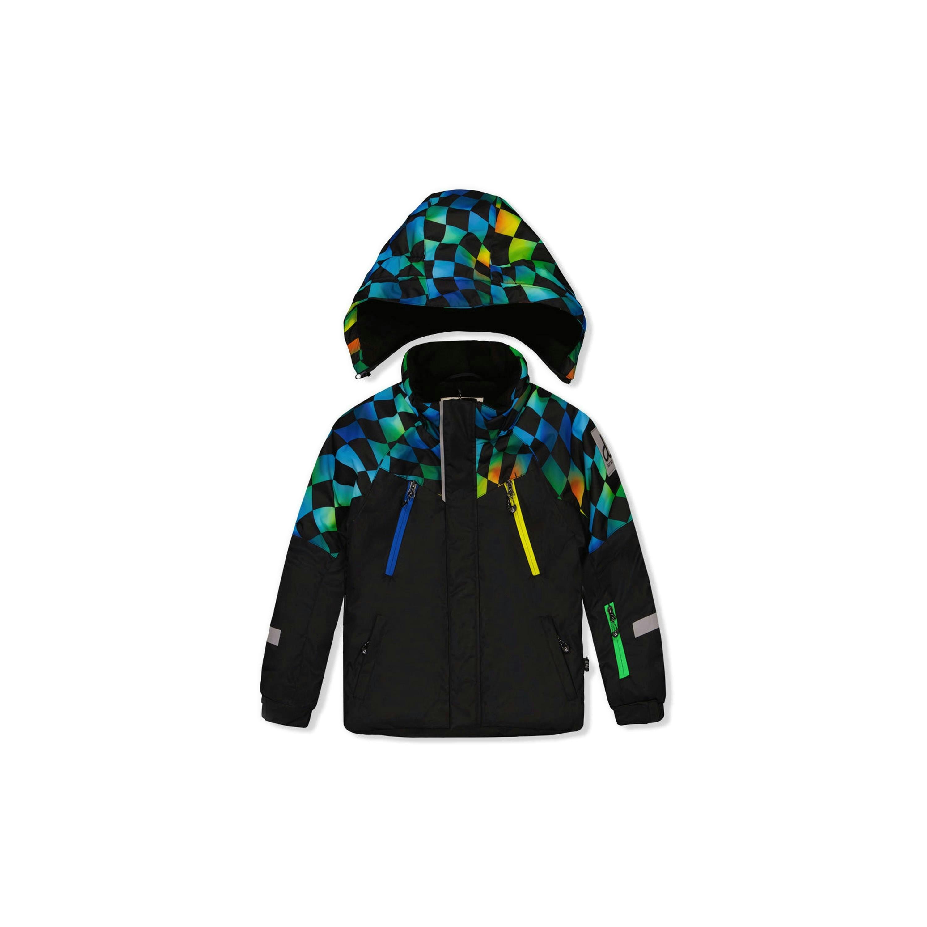 Two Piece Play Snowsuit Black Colorblock With Green Yellow And Blue Checkerboard Pants , view 6 of 6