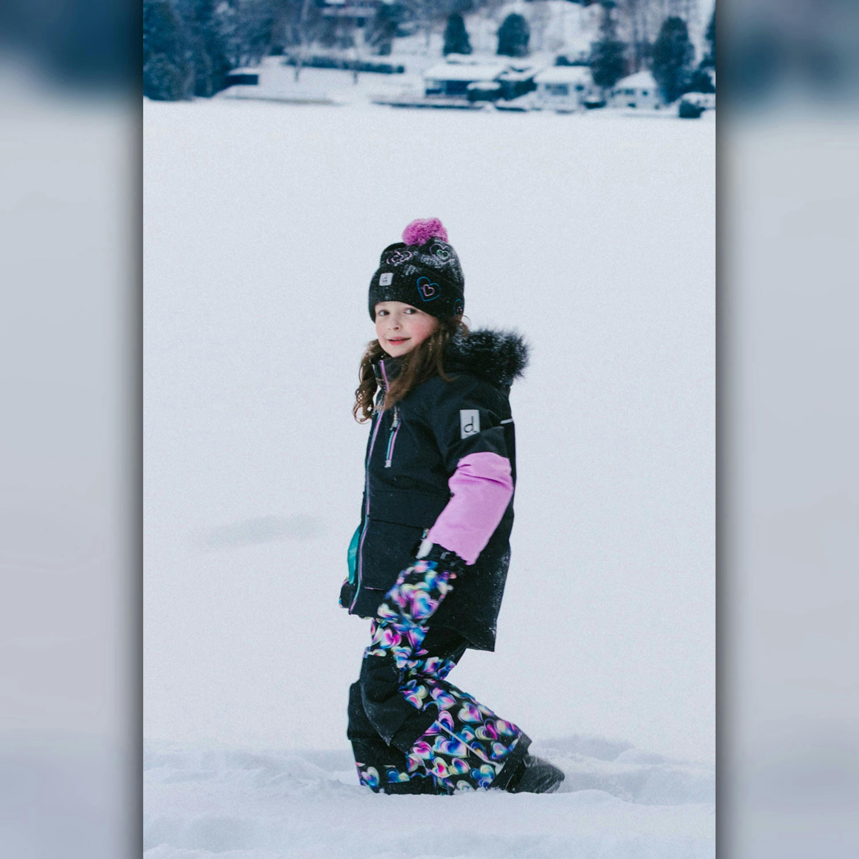 Two Piece Play Snowsuit Black, Blue And Pink Colorblock With Heart Print Pants , view 2 of 6