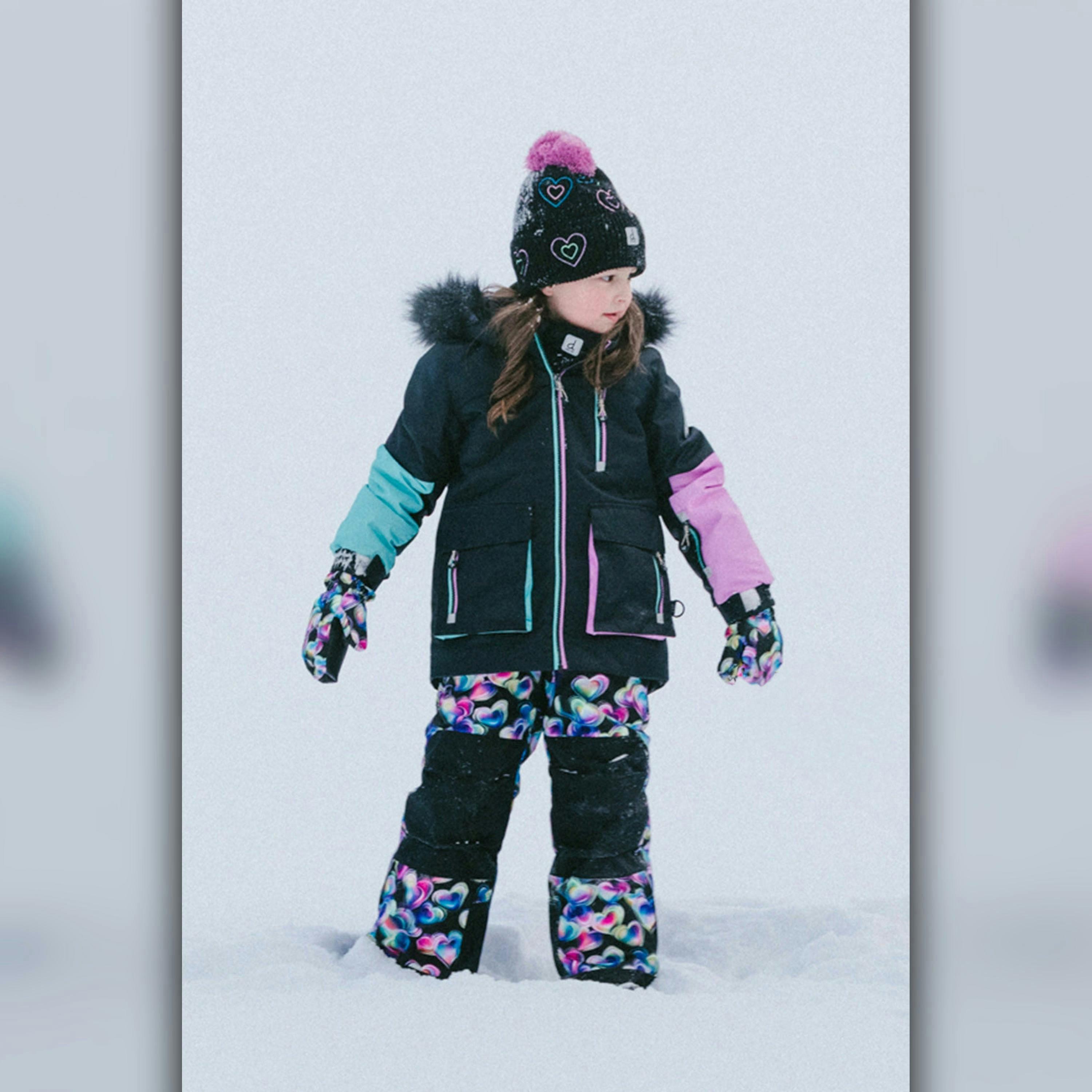 Two Piece Play Snowsuit Black, Blue And Pink Colorblock With Heart Print Pants , view 3 of 6