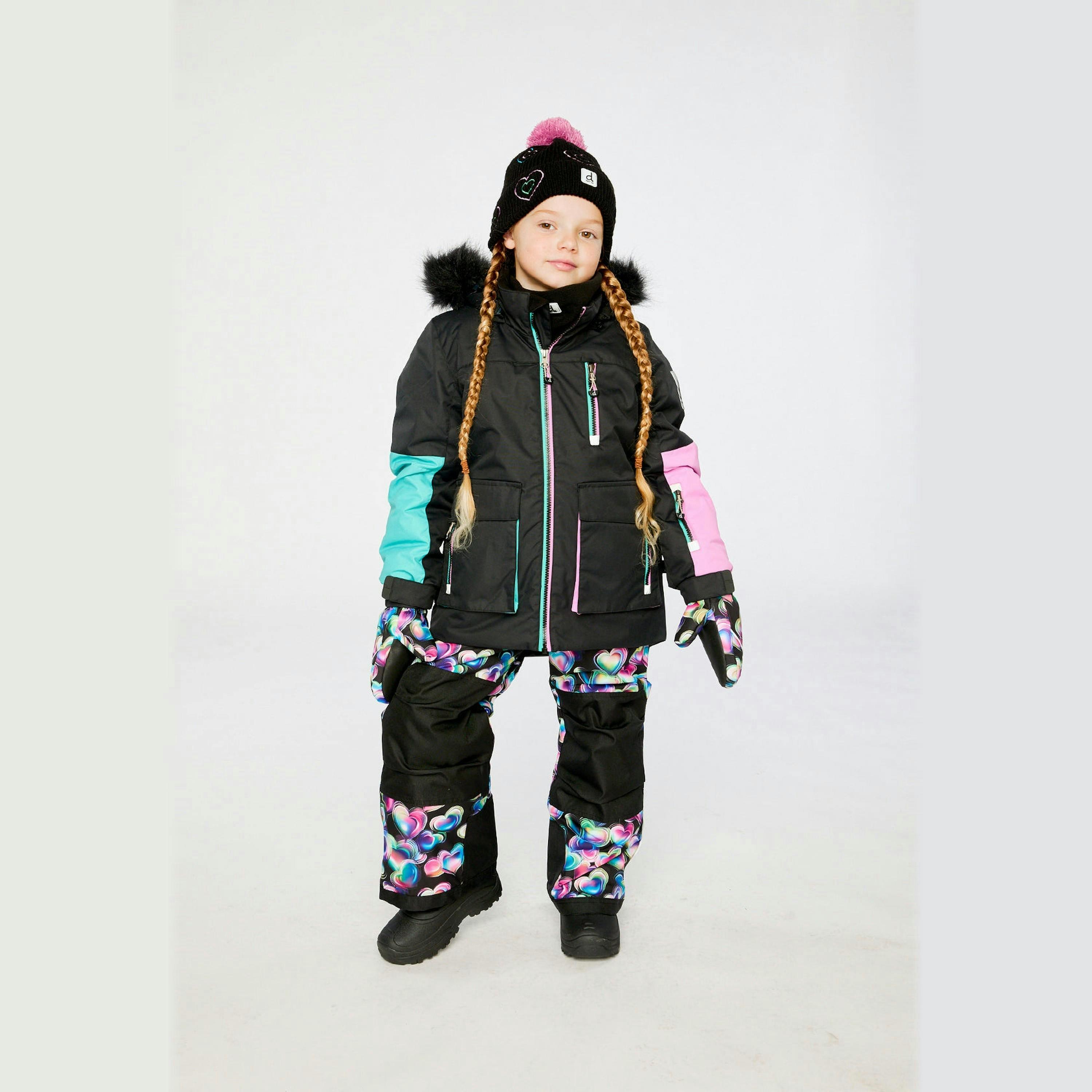 Two Piece Play Snowsuit Black, Blue And Pink Colorblock With Heart Print Pants , view 4 of 6