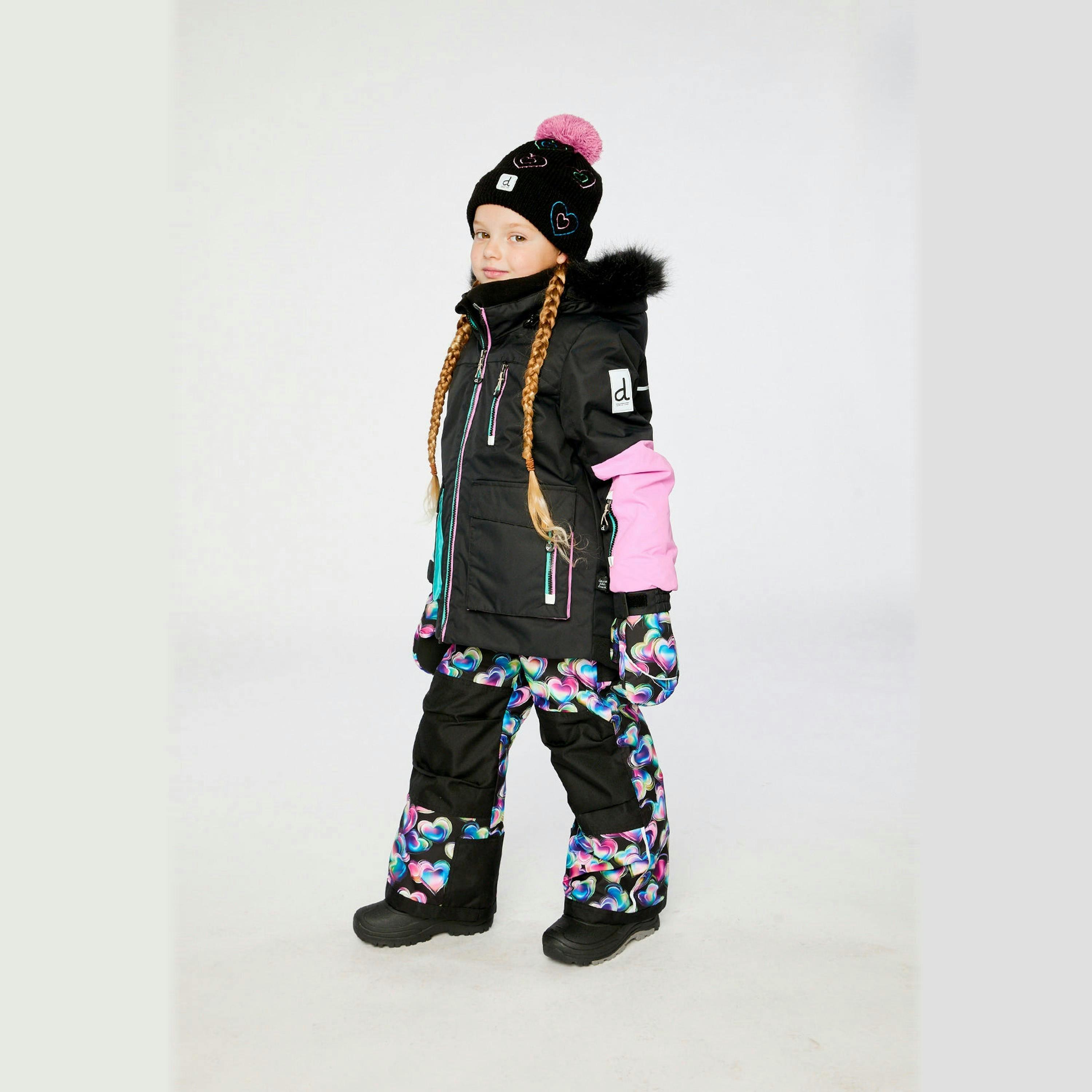 Two Piece Play Snowsuit Black, Blue And Pink Colorblock With Heart Print Pants , view 5 of 6