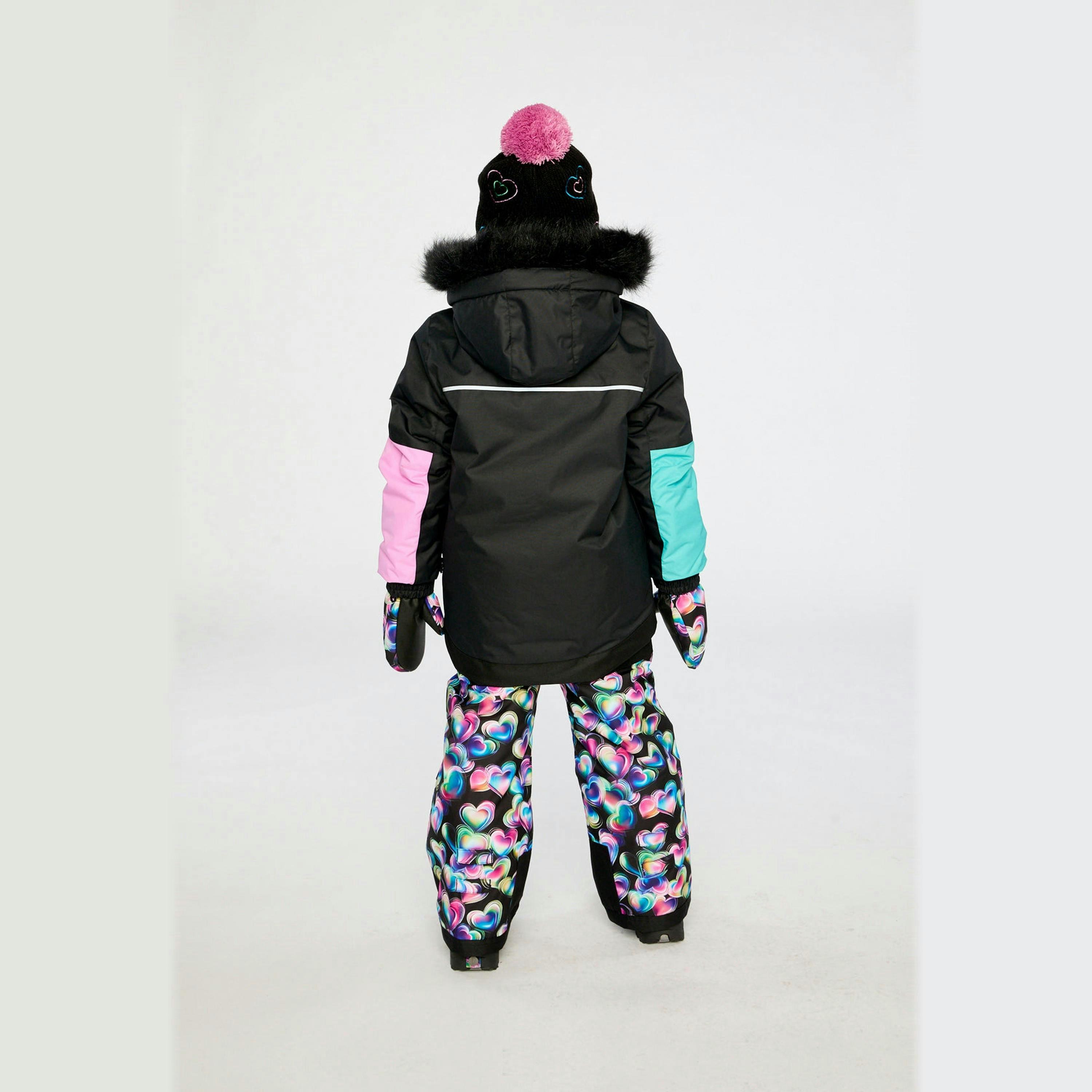 Two Piece Play Snowsuit Black, Blue And Pink Colorblock With Heart Print Pants , view 6 of 6