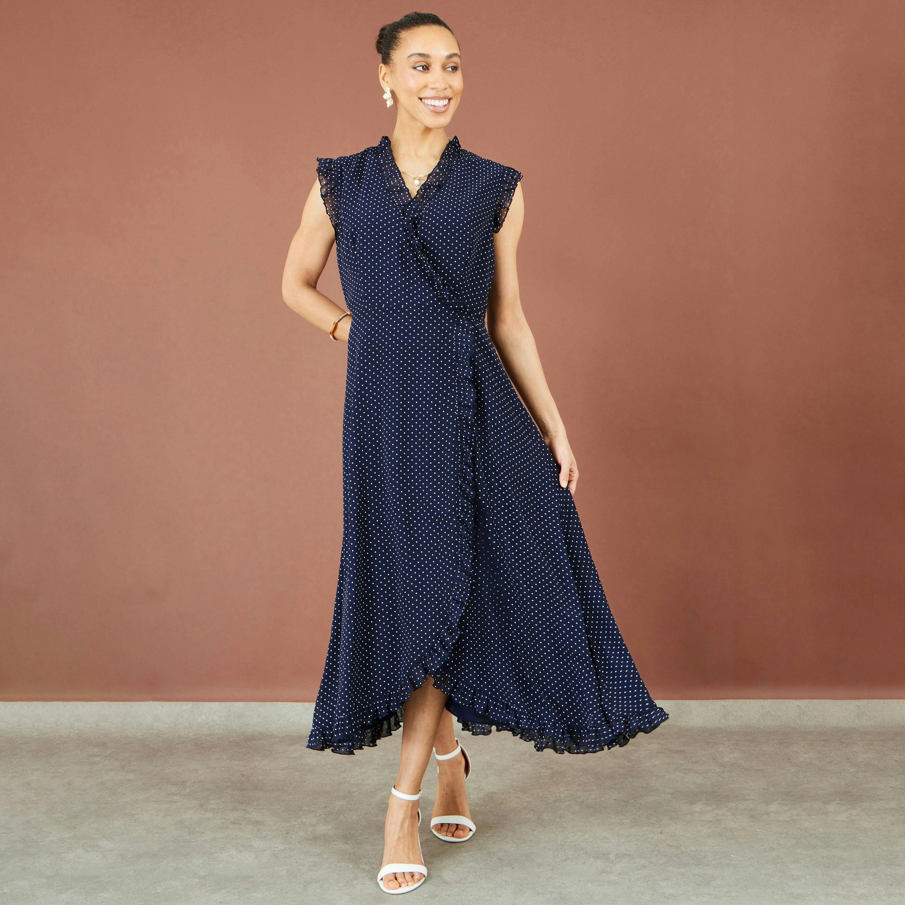 Yumi Navy Polka Dot Midi Wrap Frill Dress , view 2 of 6