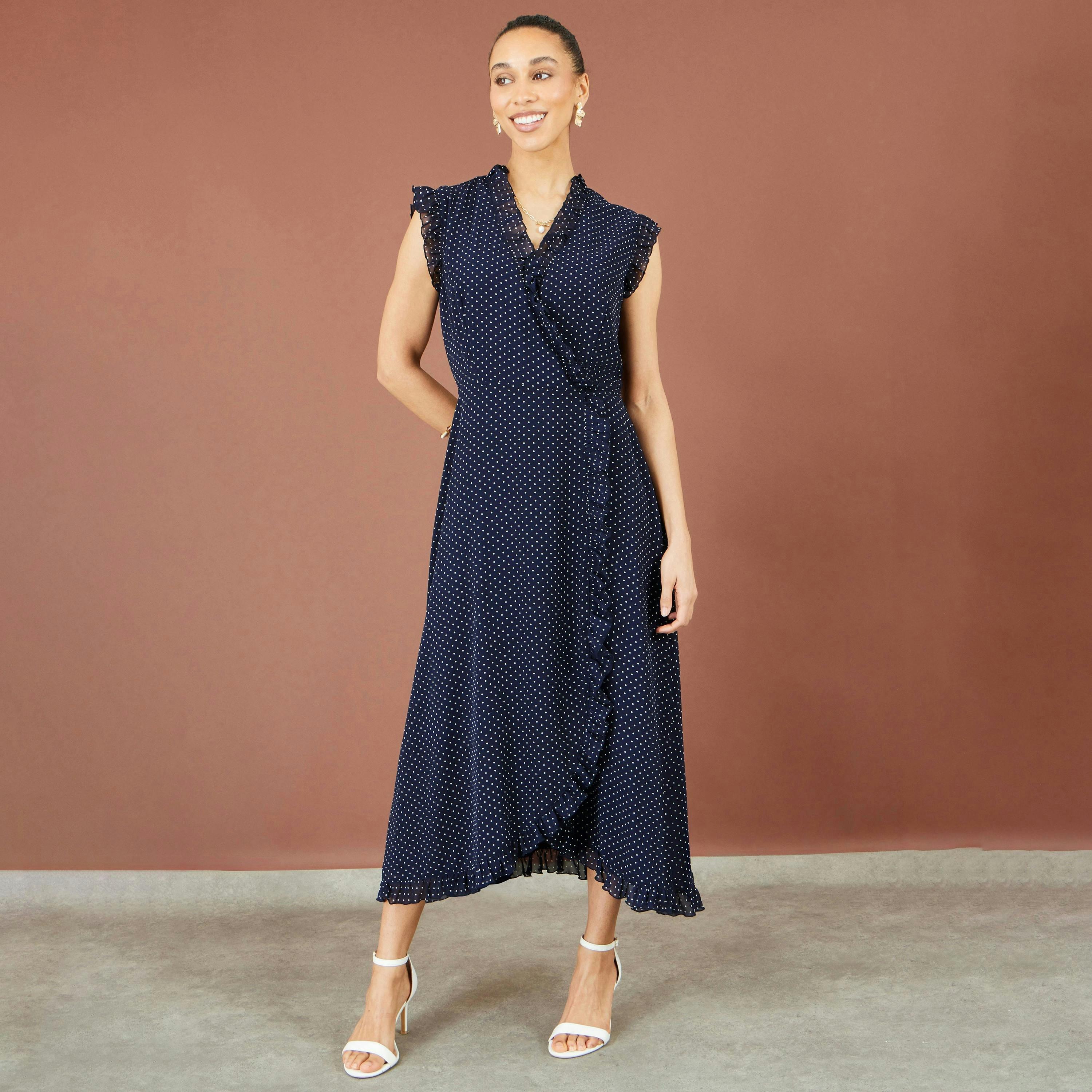 Yumi Navy Polka Dot Midi Wrap Frill Dress , view 3 of 6