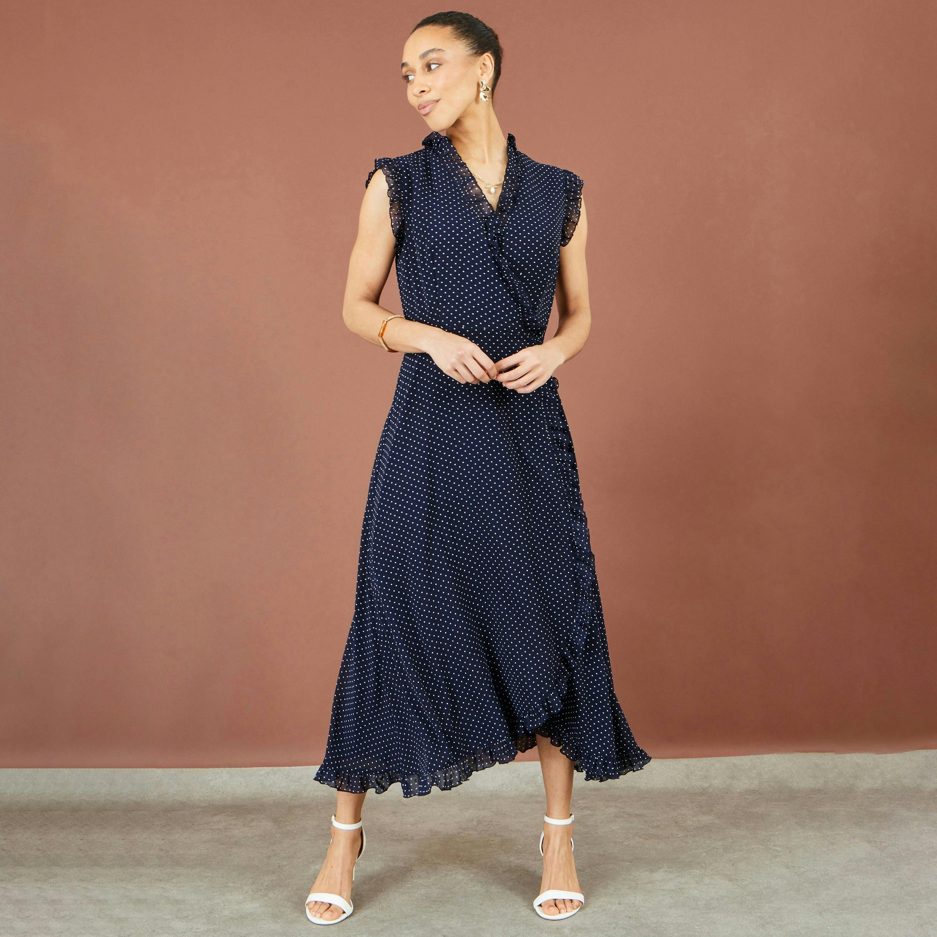Yumi Navy Polka Dot Midi Wrap Frill Dress , view 4 of 6