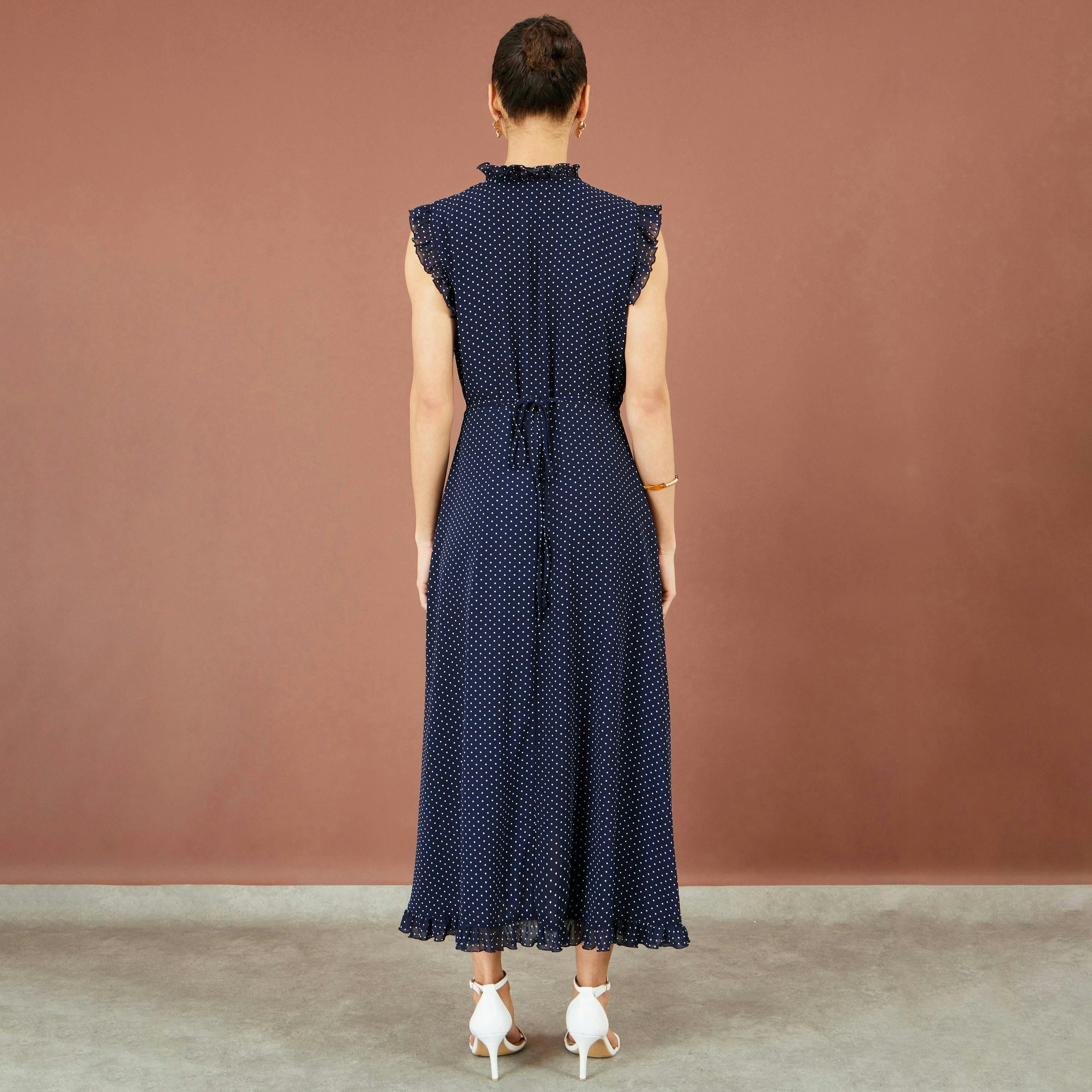 Yumi Navy Polka Dot Midi Wrap Frill Dress , view 5 of 6