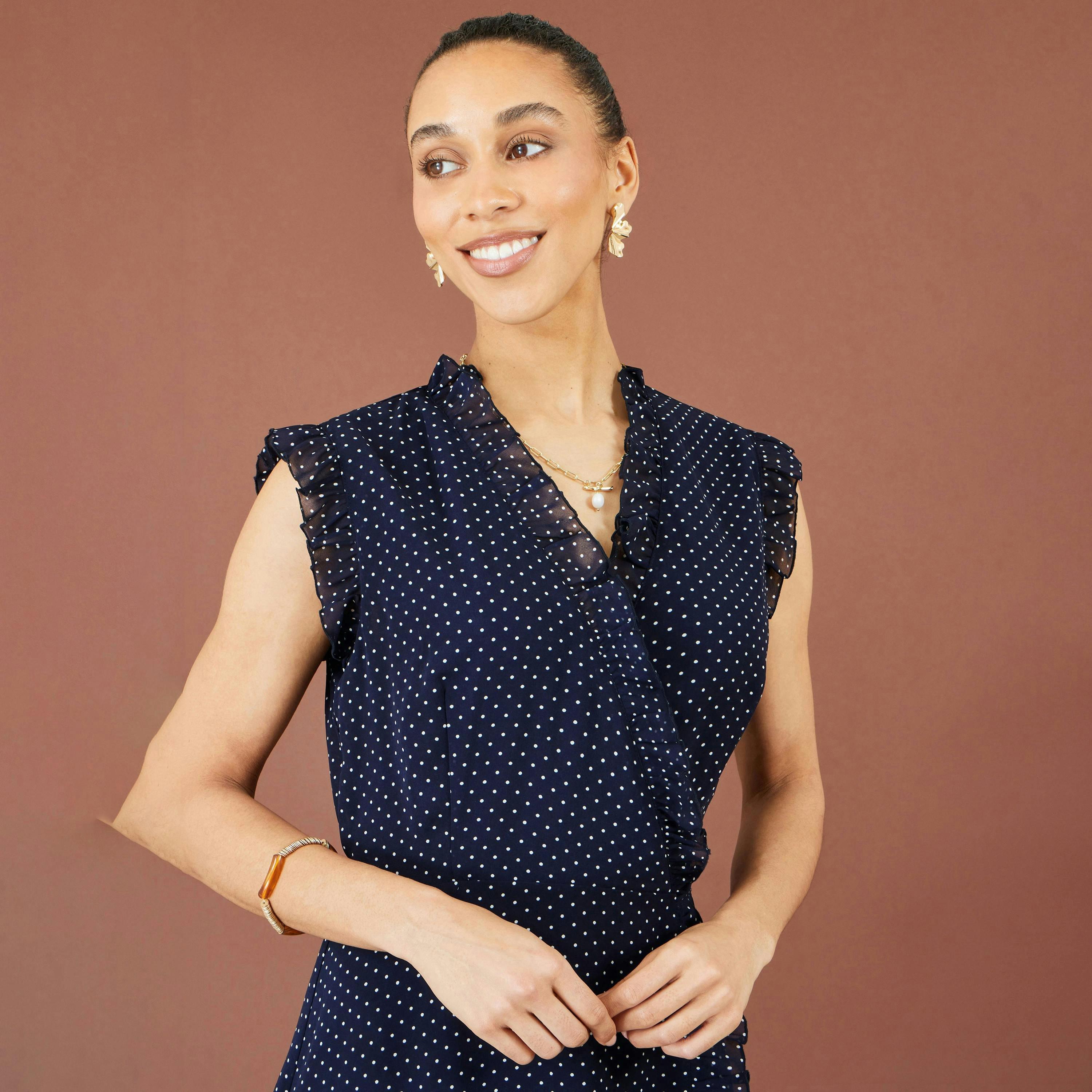 Yumi Navy Polka Dot Midi Wrap Frill Dress , view 6 of 6