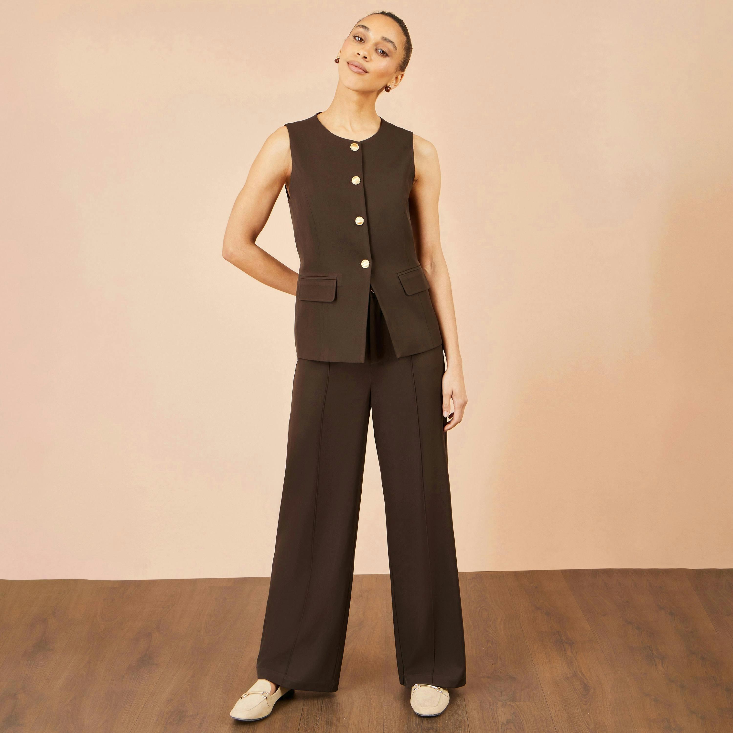 Yumi Brown Wide Leg Stretch Trousers , view 2 of 4