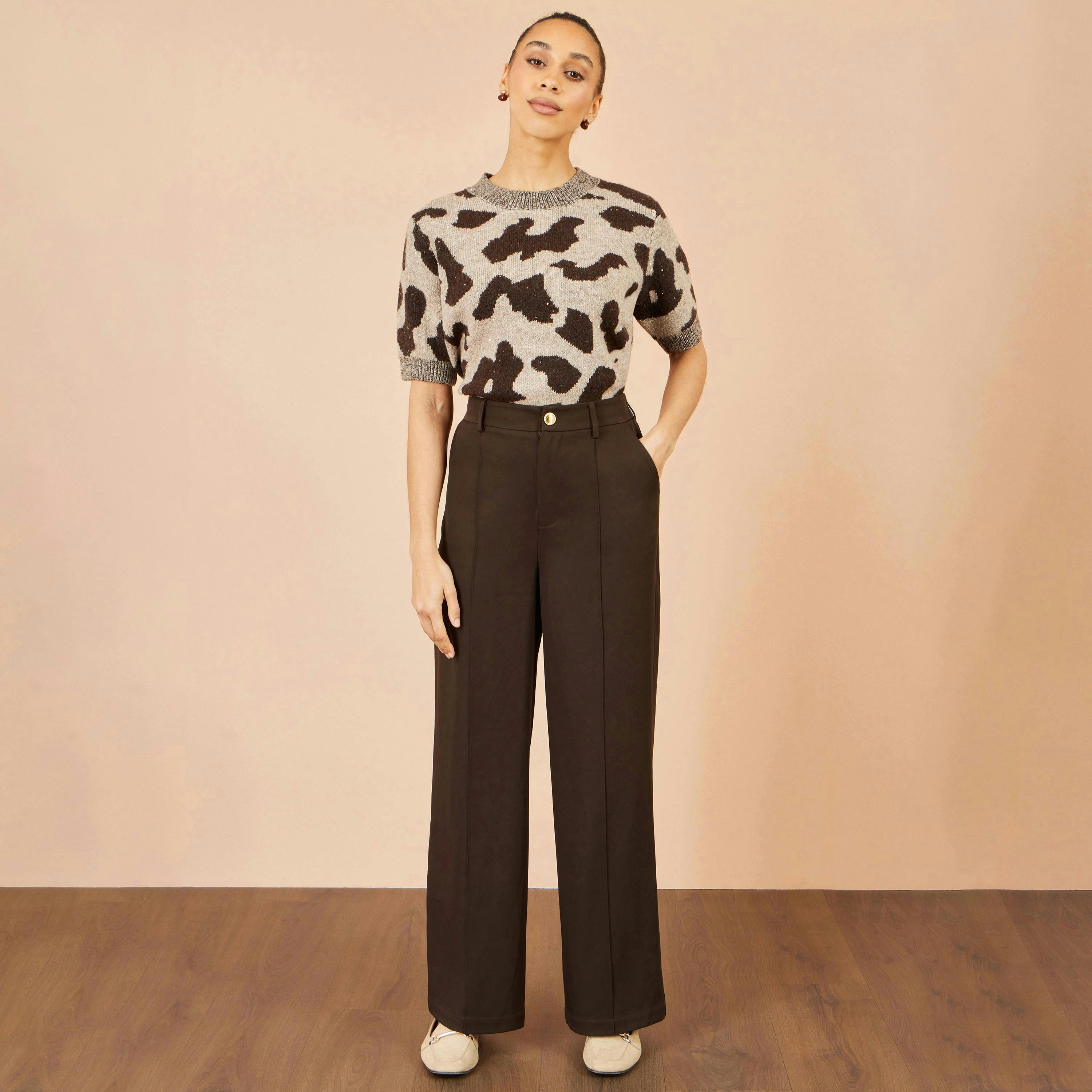 Yumi Brown Wide Leg Stretch Trousers , view 3 of 4