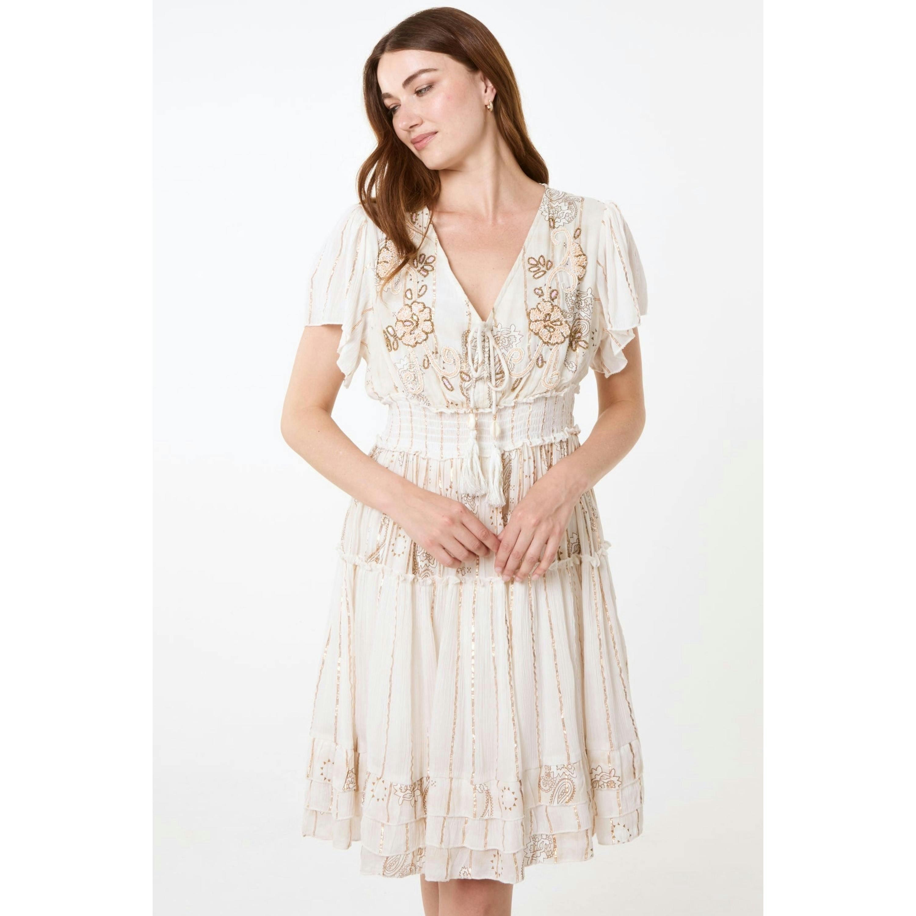 Blue Vanilla Embellished Tiered Mini Dress  in Beige , view 1 of 3