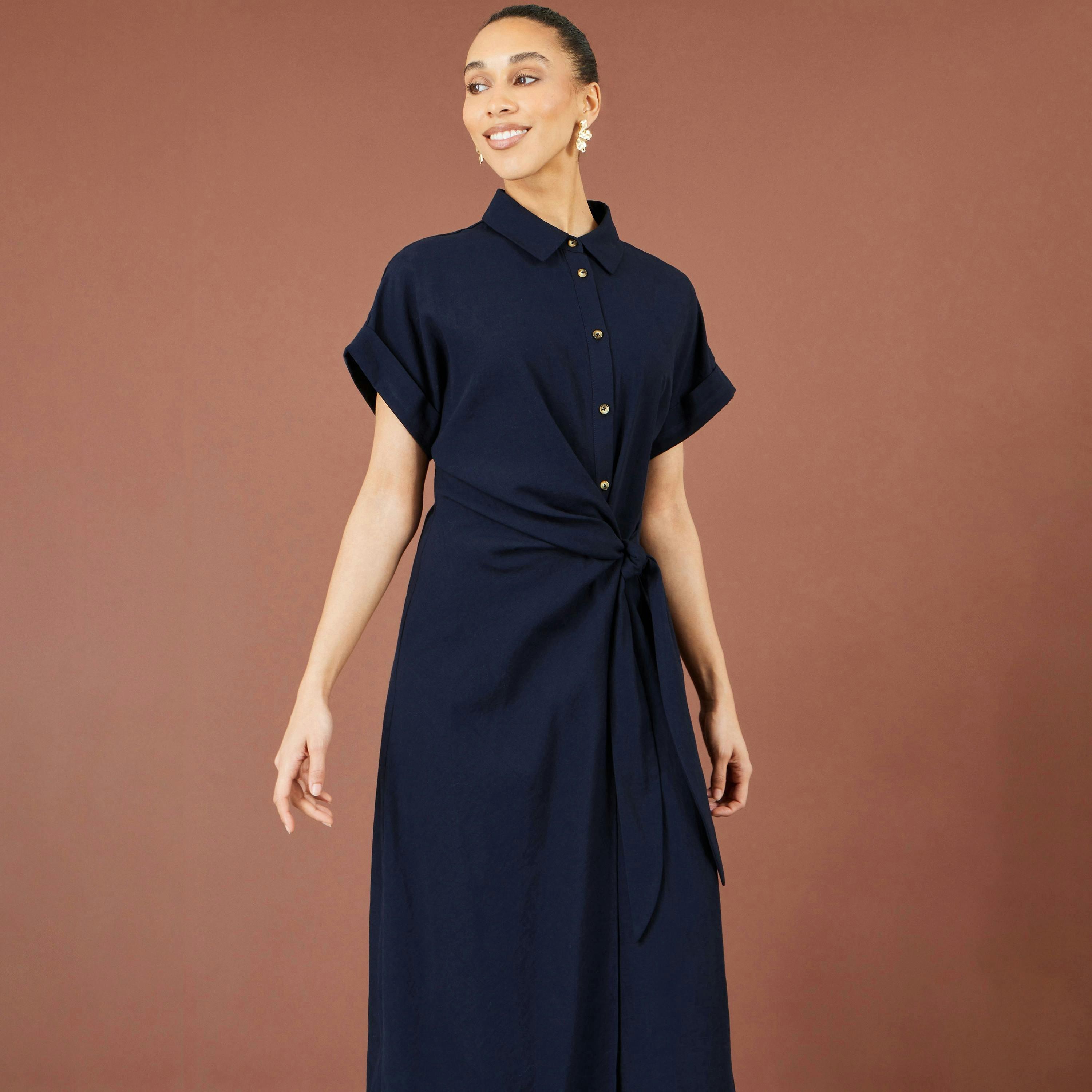 Yumi Navy Wrap Tie Midi Shirt Dress , view 2 of 6