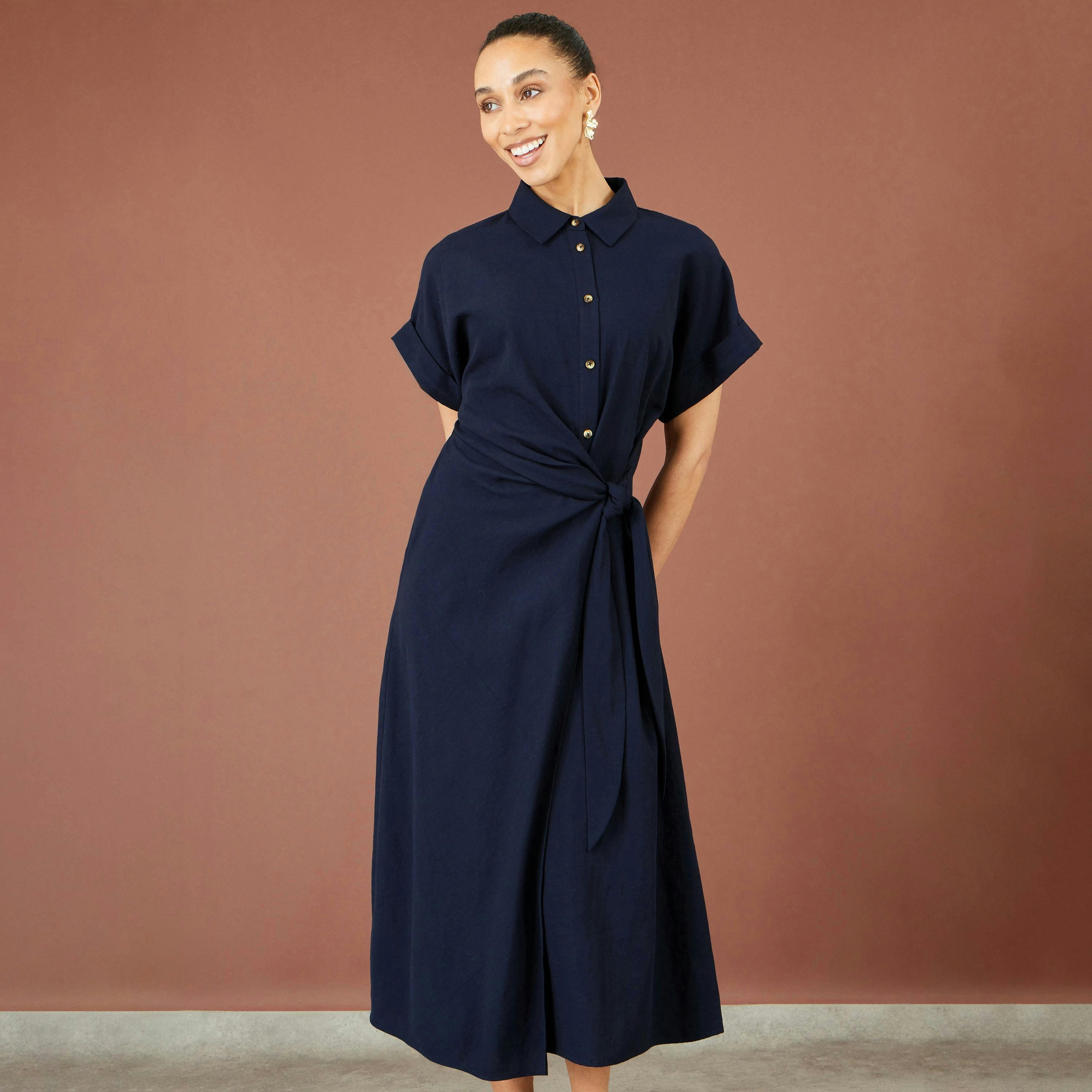 Yumi Navy Wrap Tie Midi Shirt Dress , view 3 of 6