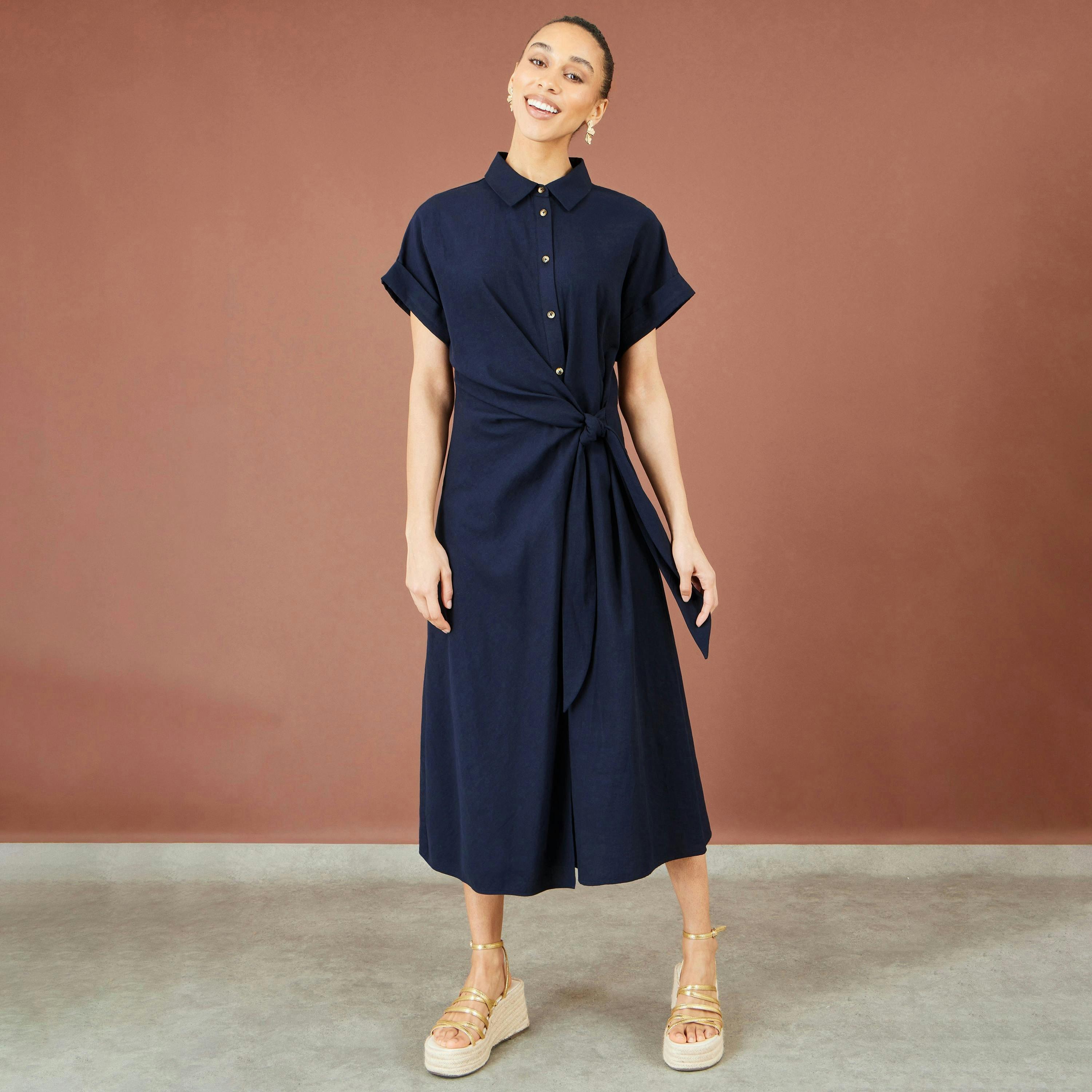 Yumi Navy Wrap Tie Midi Shirt Dress , view 4 of 6