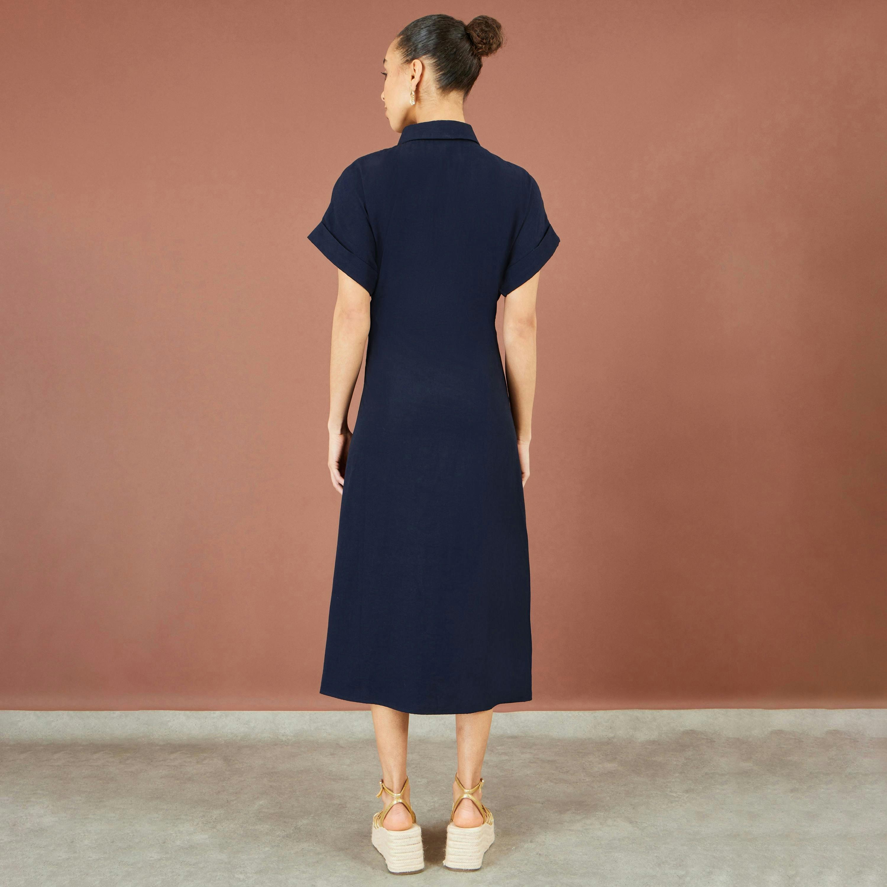 Yumi Navy Wrap Tie Midi Shirt Dress , view 5 of 6