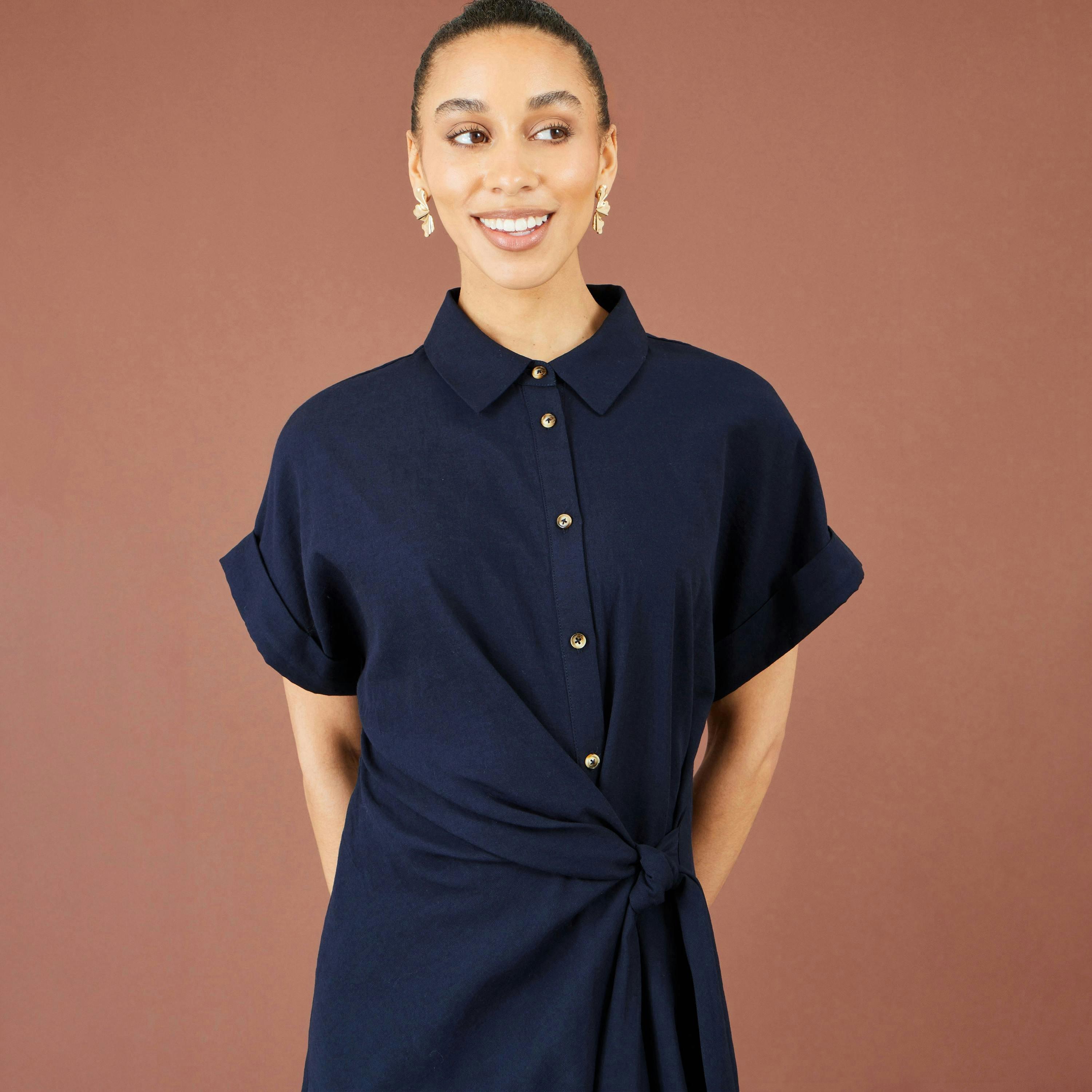 Yumi Navy Wrap Tie Midi Shirt Dress , view 6 of 6