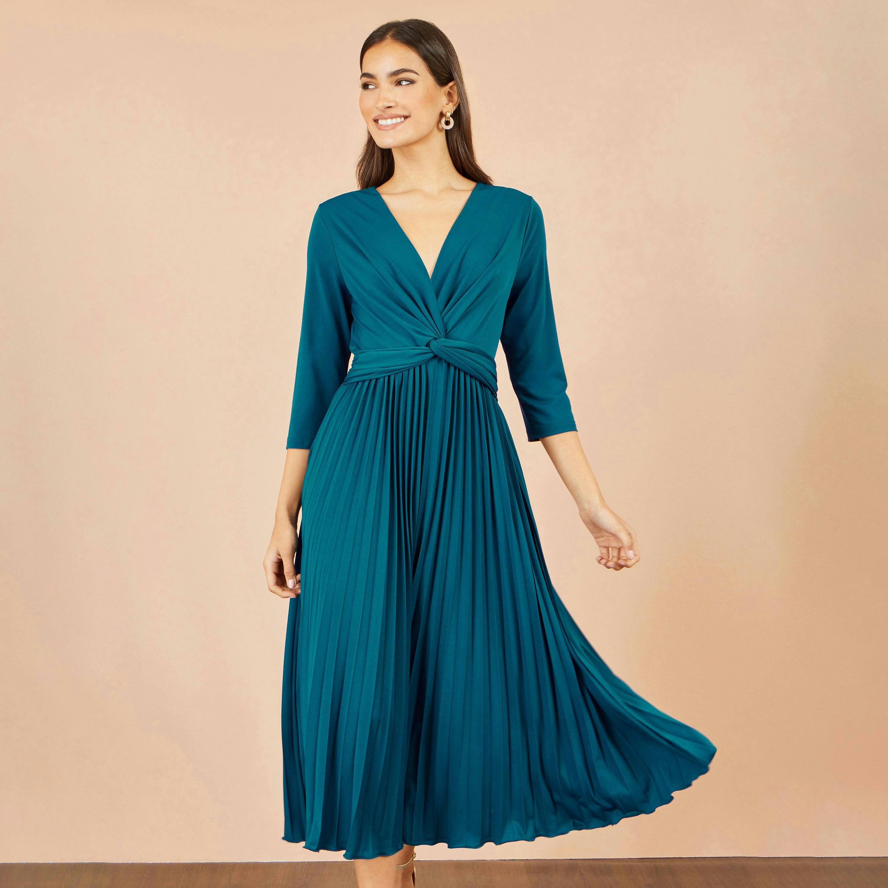 Yumi Teal Stretch Wrap Pleated Midi Dress , view 2 of 5