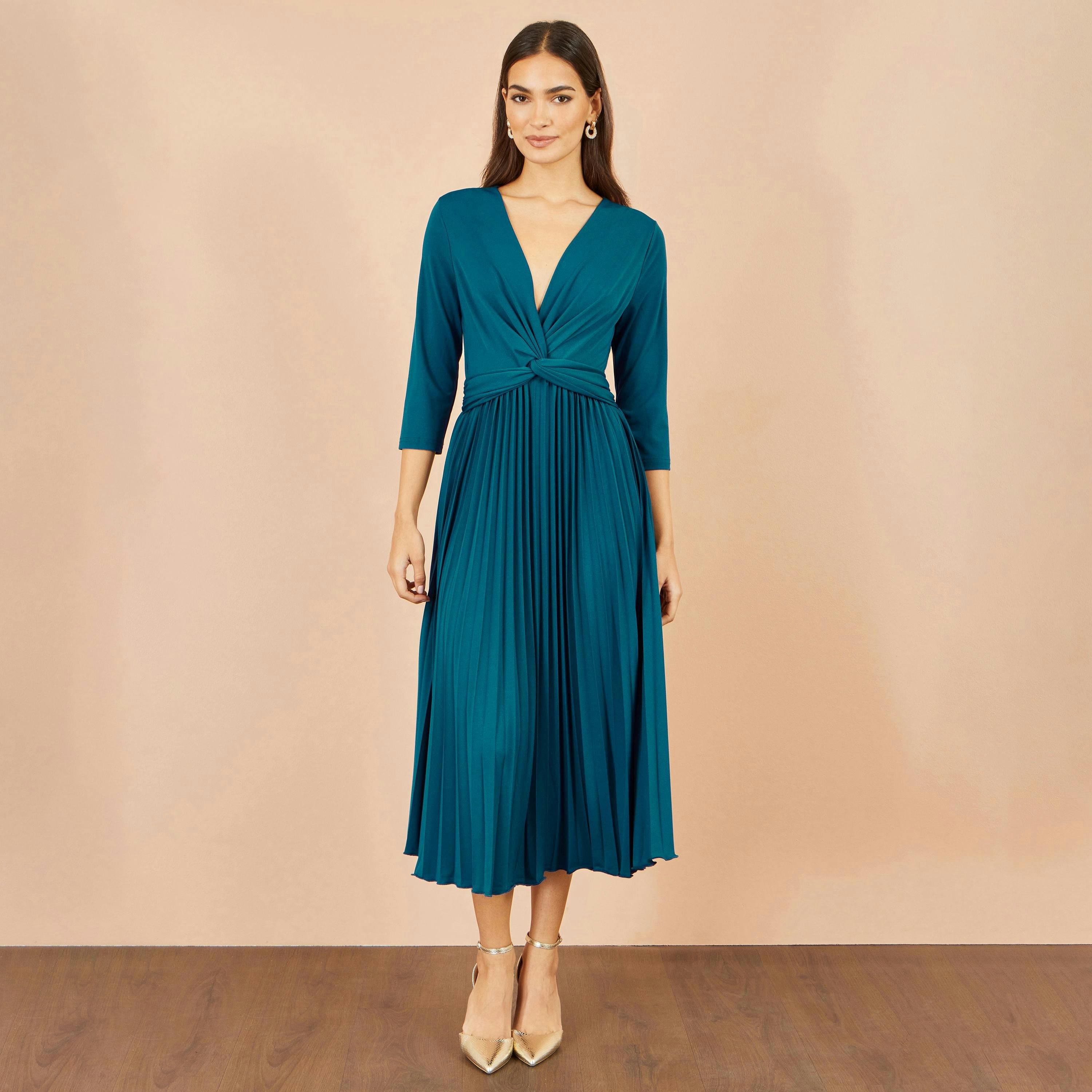 Yumi Teal Stretch Wrap Pleated Midi Dress , view 3 of 5