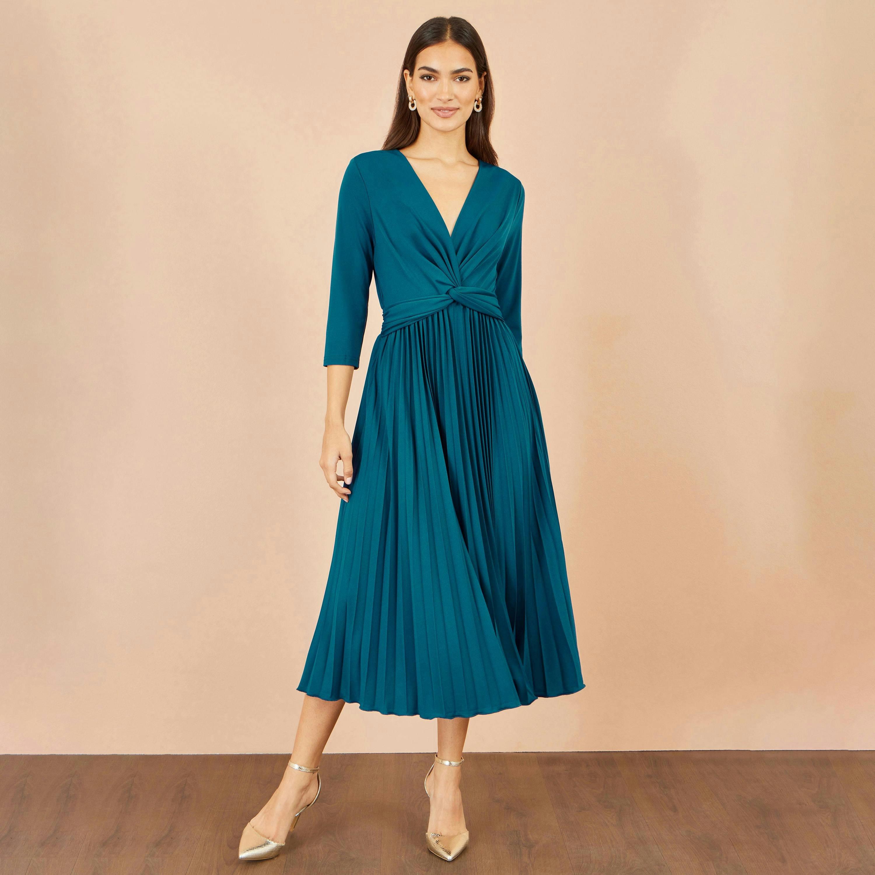 Yumi Teal Stretch Wrap Pleated Midi Dress , view 4 of 5