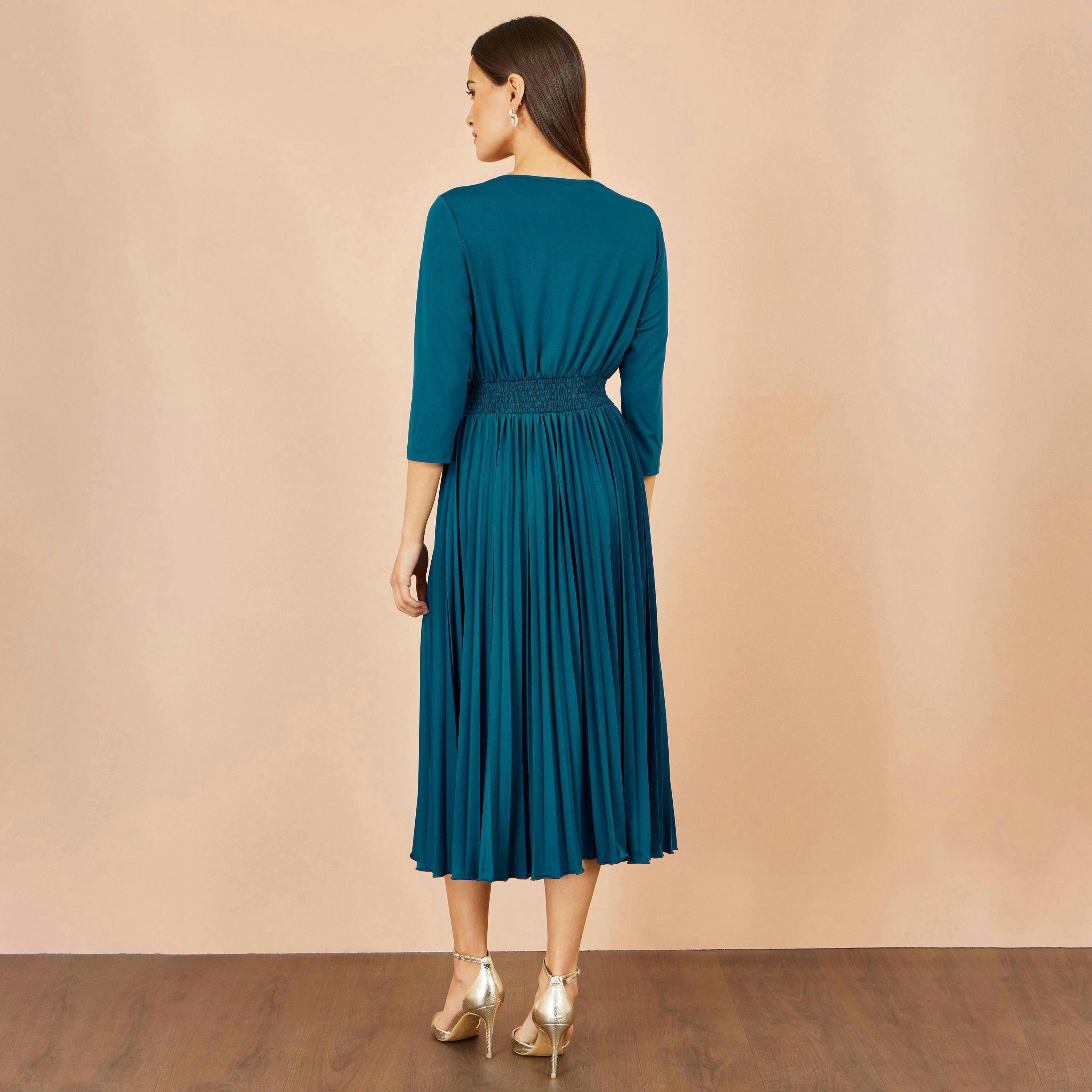 Yumi Teal Stretch Wrap Pleated Midi Dress , view 5 of 5